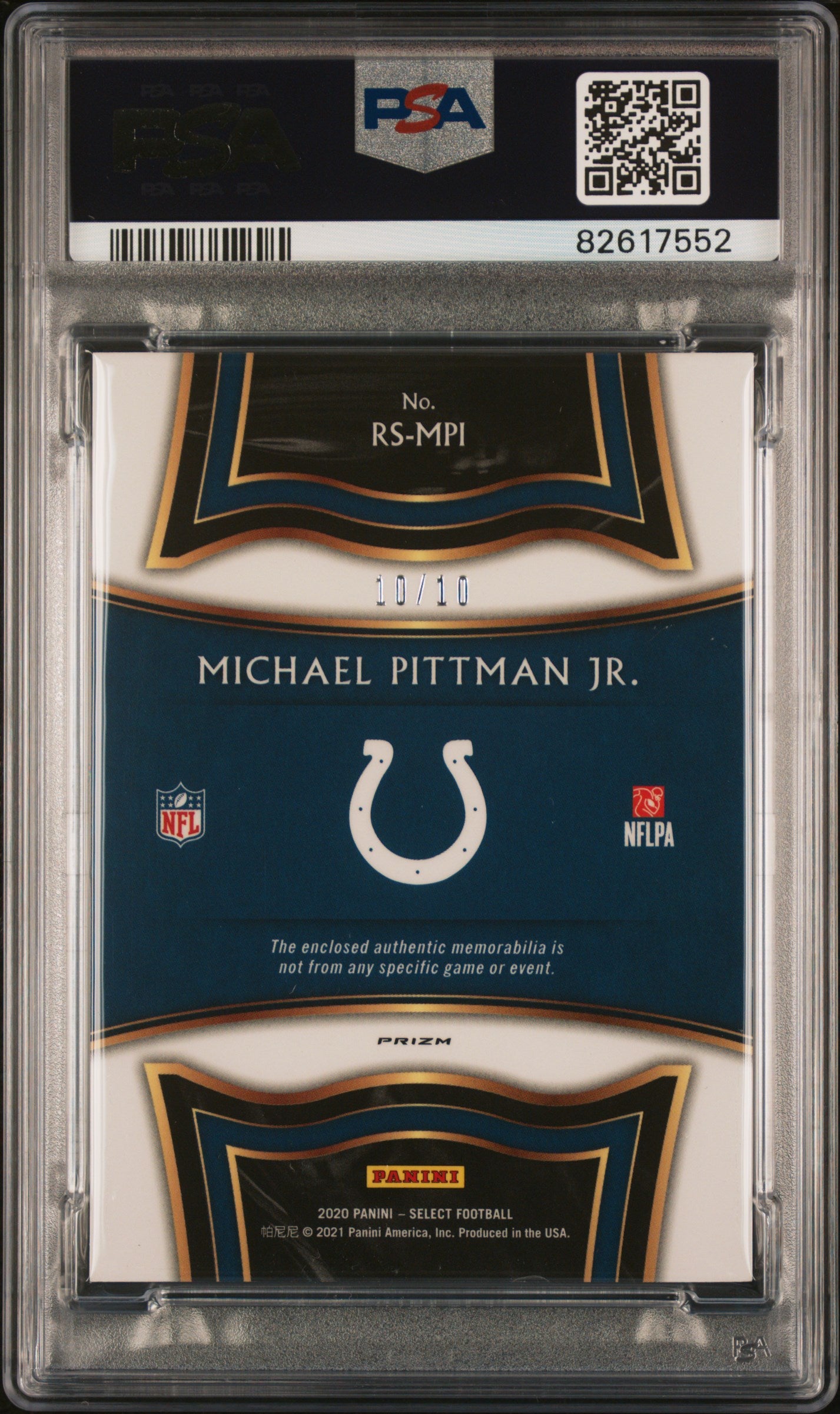 2020 Panini Select Rookie Swatches Prizm Gold Michael Pittman Jr. /10 PSA 8