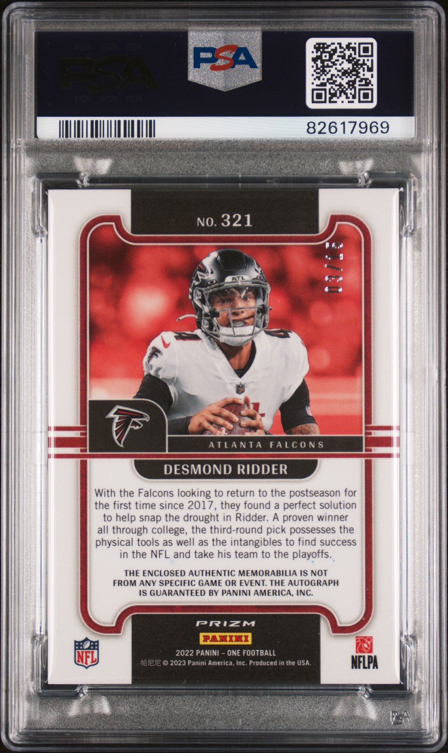 2022 Panini One #321 Precision Patch Auto-Gold Desmond Ridder /15 PSA 9