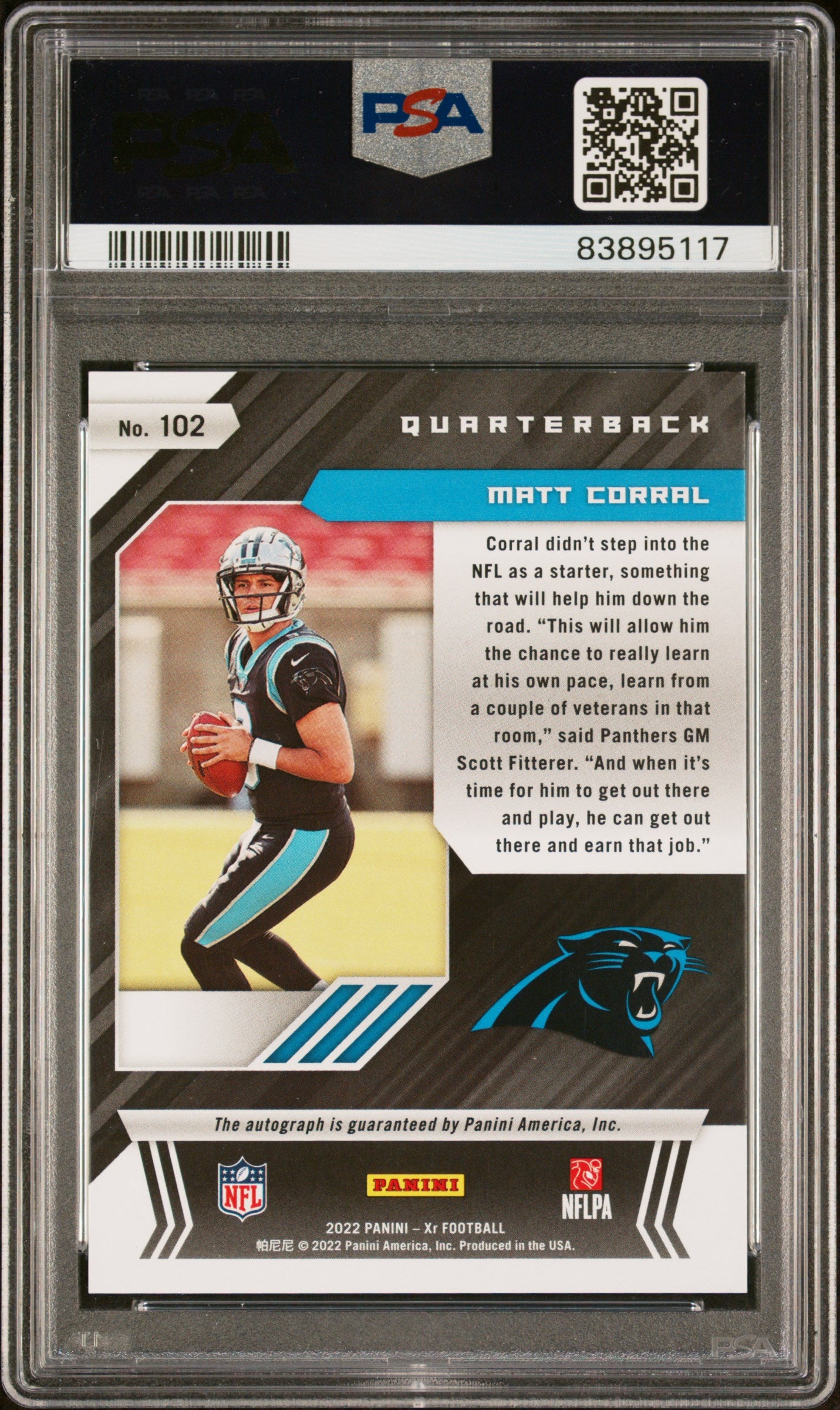 2022 Panini Xr #102 Autograph Matt Corral PSA 8