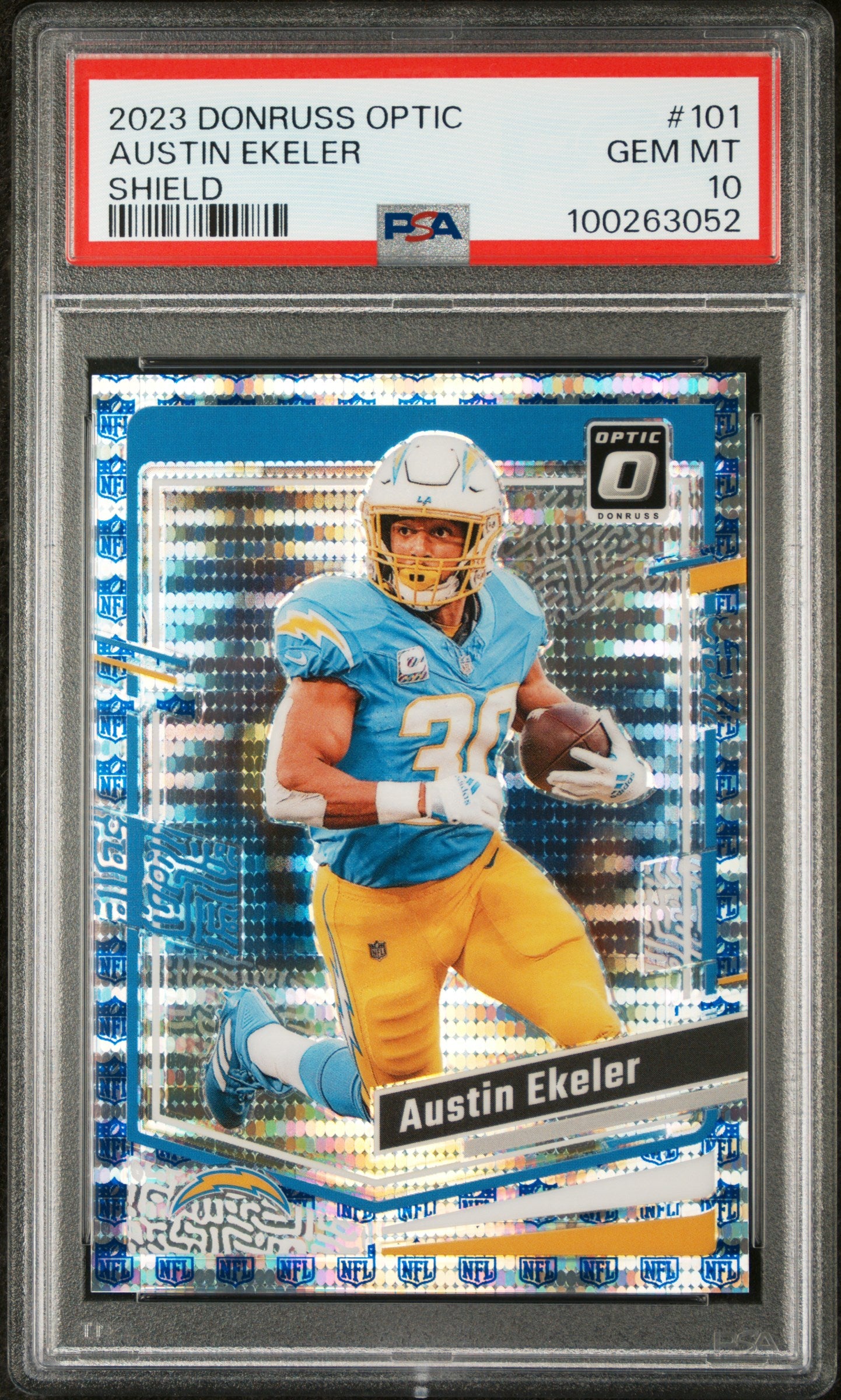 2023 Panini Donruss Optic #101 Shield Austin Ekeler /32 PSA 10