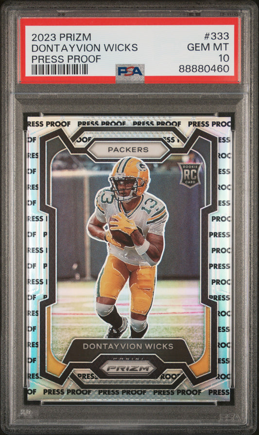 2023 Panini Prizm #333 Press Proof Prizm Dontayvion Wicks RC PSA 10