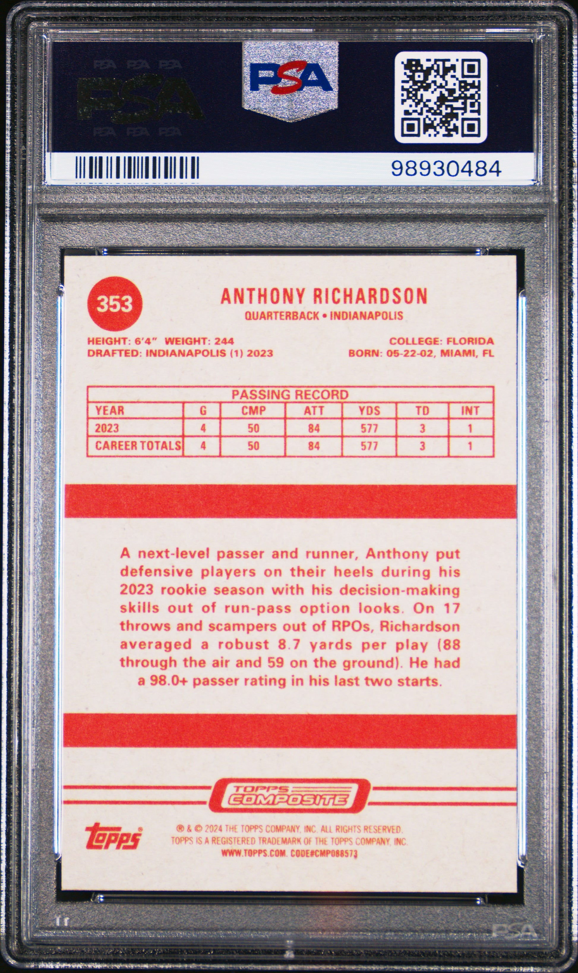 2023 Topps Composite #353 Anthony Richardson RC PSA 10