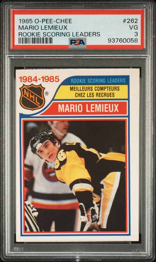 1985 O-Pee-Chee #262 Rookie Scoring Leaders Mario Lemieux PSA 3