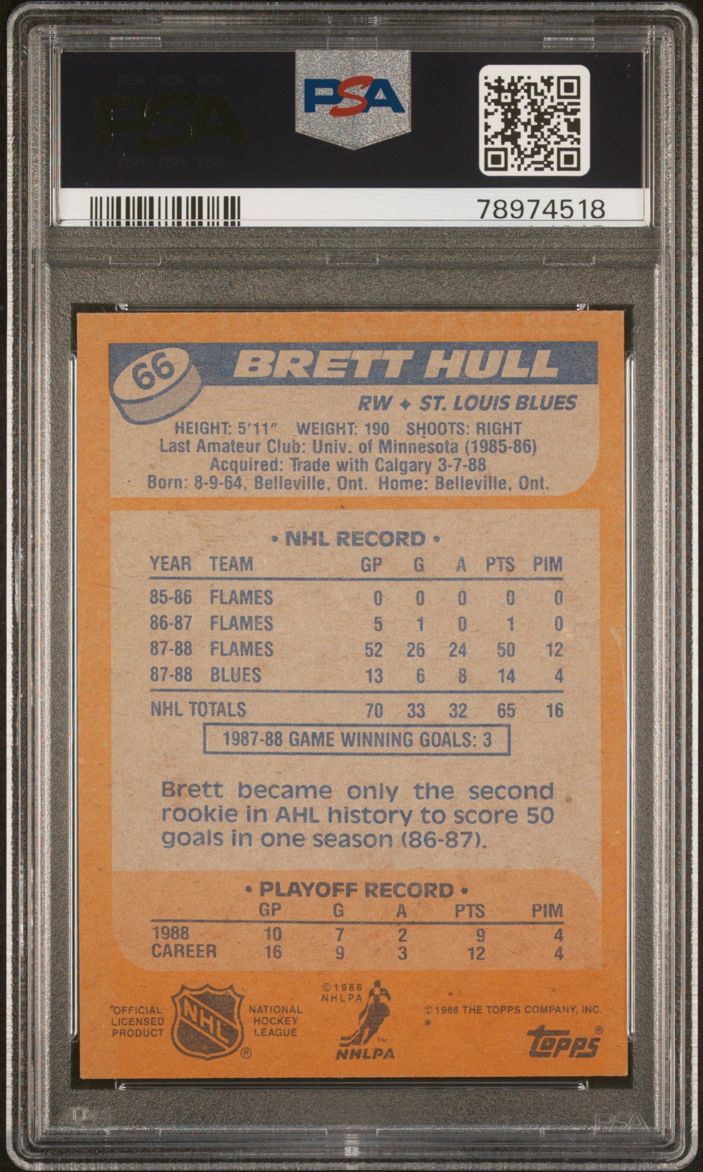 1988 Topps #66 Brett Hull PSA 7
