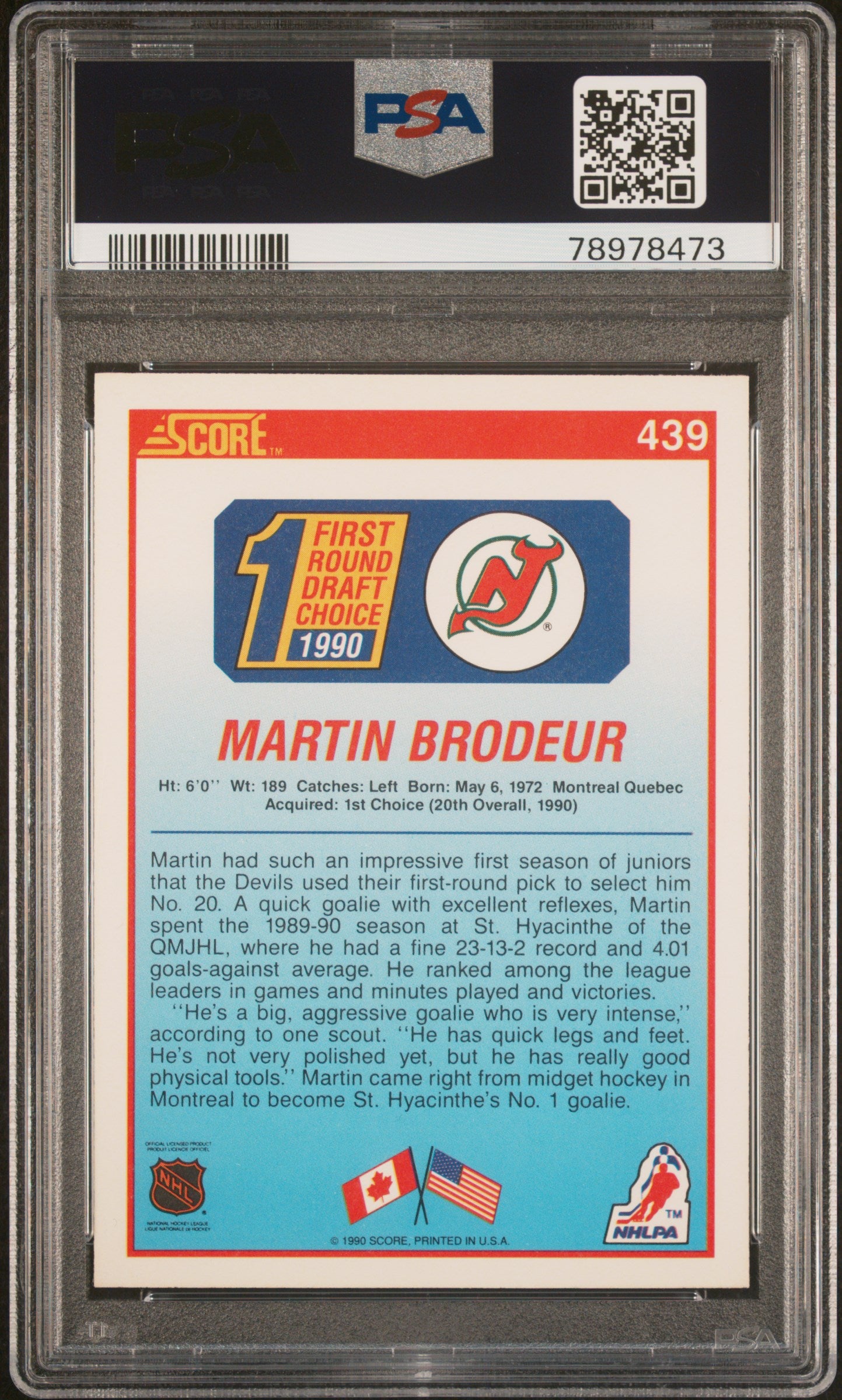 1990 Score #439 Martin Brodeur RC PSA 8
