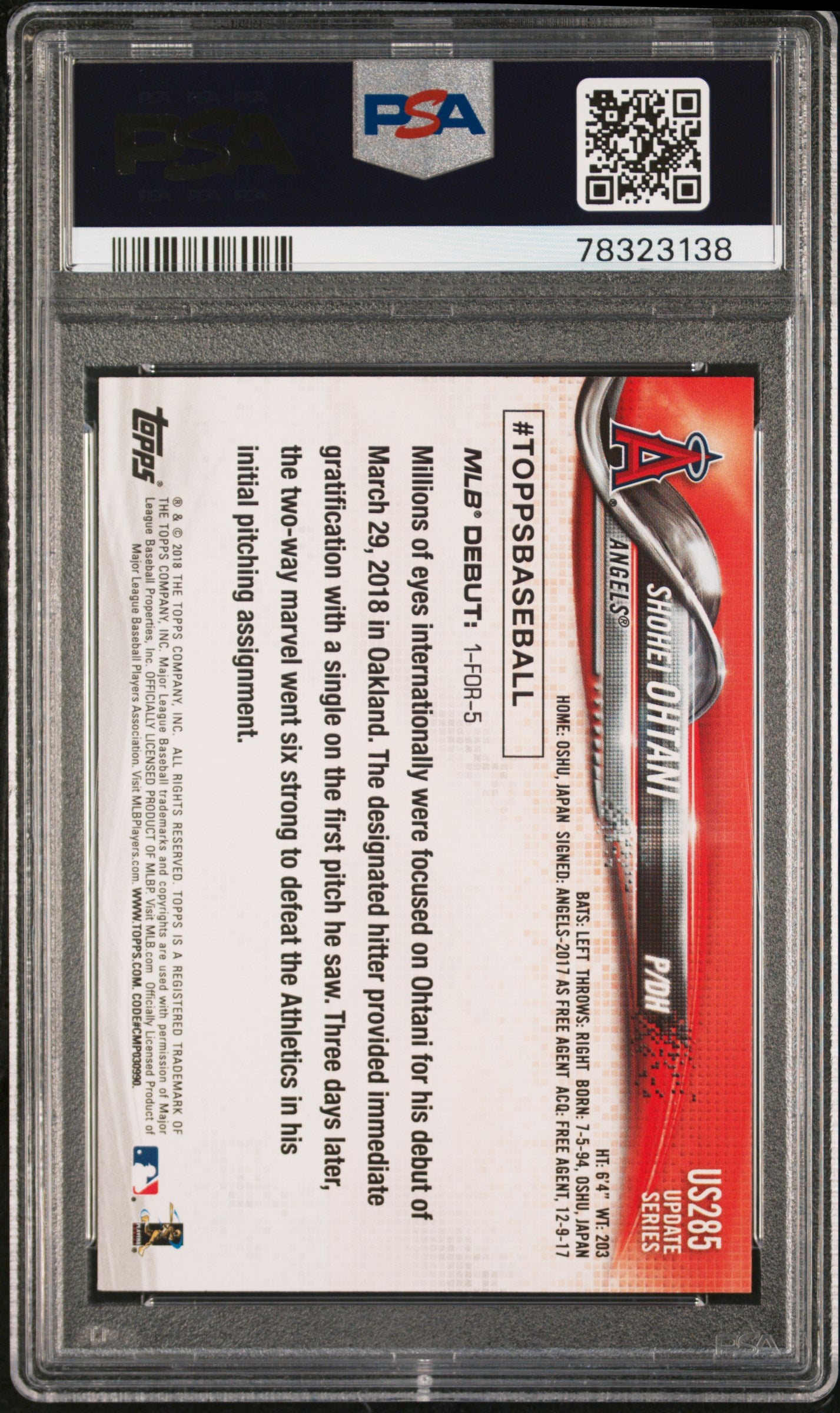 2018 Topps Update #US285 Shohei Ohtani RC PSA 10