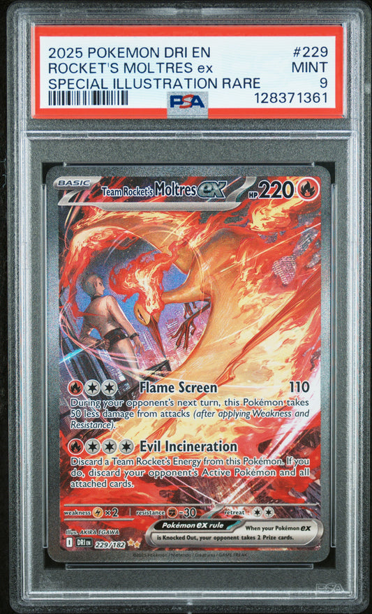 2025 Pokemon Dri En-Destined Rivals #229 SIR Rocket's Moltres Ex PSA 9