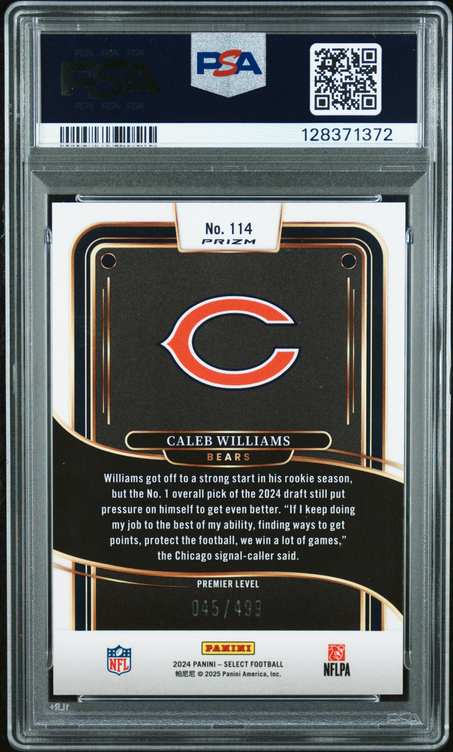 2024 Panini Select #114 Neon Green Shock Caleb Williams RC /499 PSA 9