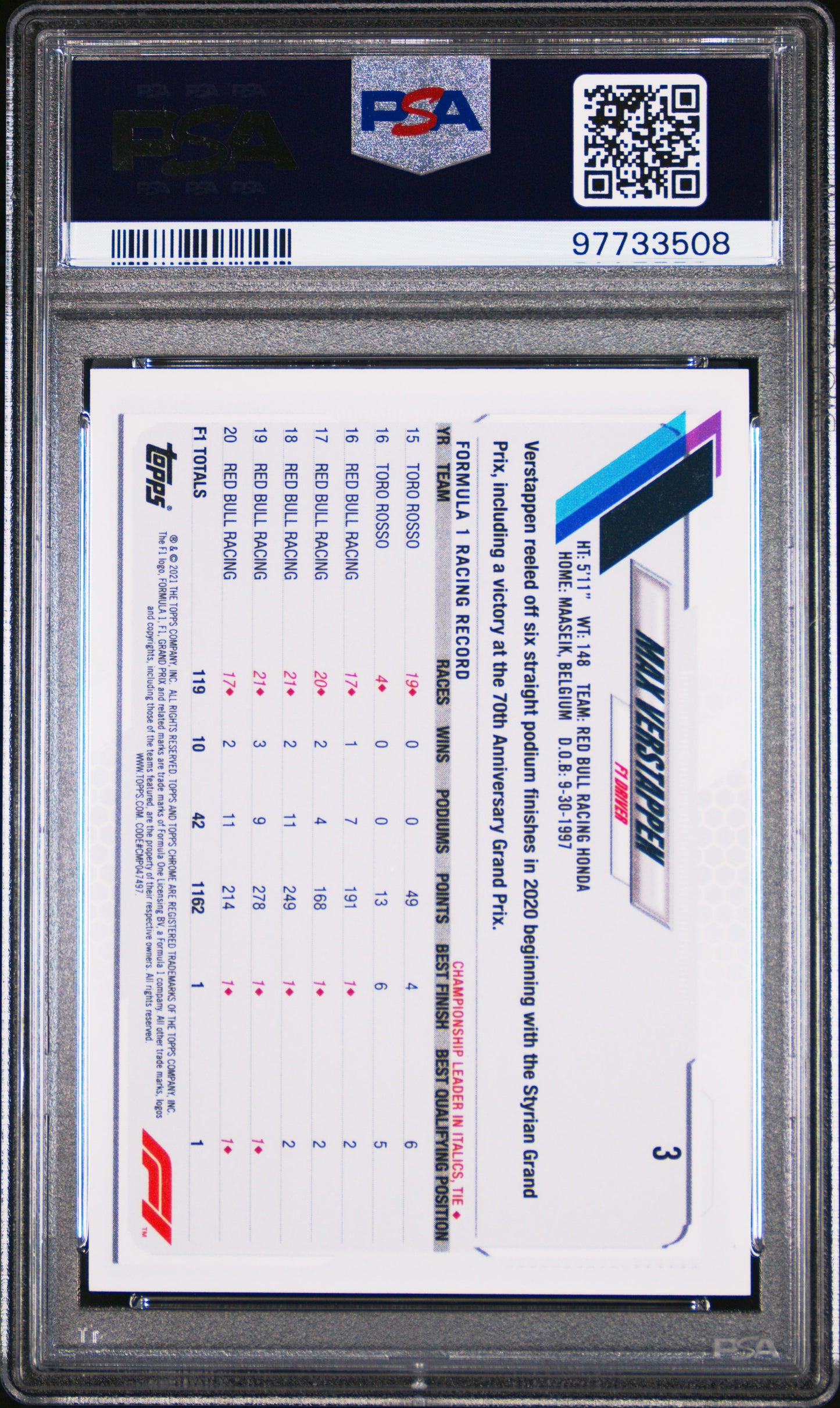 2021 Topps Chrome Formula 1 #3 Checker Flag Refractor Max Verstappen PSA 8