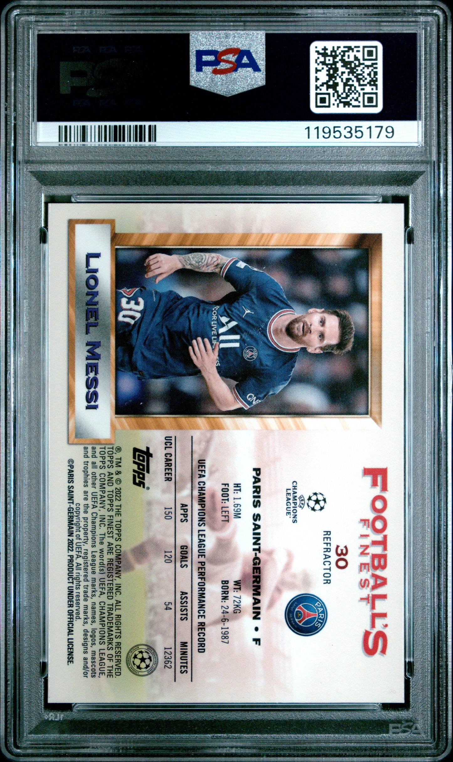 2021-22 Topps Finest Flashbacks UEFA #30 Refractor Lionel Messi PSA 9