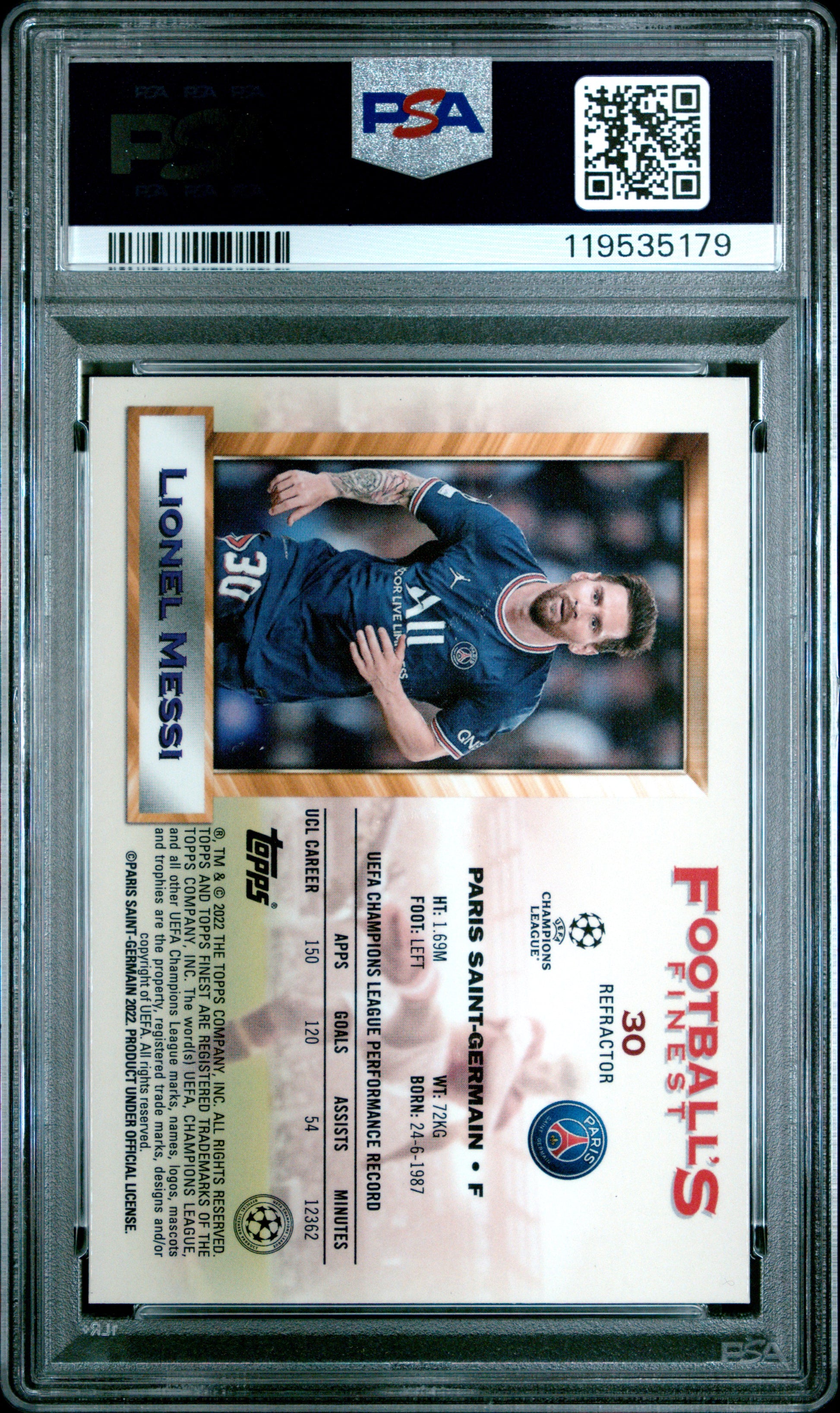 2021-22 Topps Finest Flashbacks UEFA #30 Refractor Lionel Messi PSA 9
