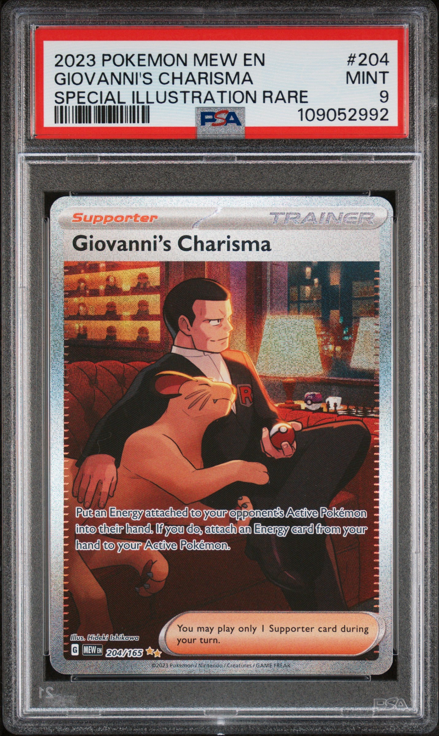 2023 Pokemon MEW EN #204 Giovanni’s Charisma Special Illustration Rare PSA 9