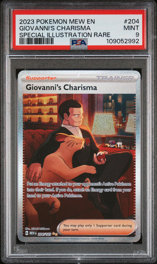 2023 Pokemon MEW EN #204 Giovanni’s Charisma Special Illustration Rare PSA 9