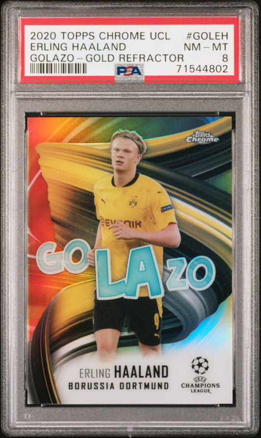 2020 Topps Chrome Uefa Ch. Lg. Golazo Gold Refractor /50 Erling Haaland PSA 8