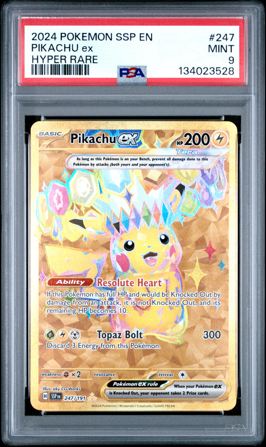2024 Pokemon Ssp En-Surging Sparks #247 Hyper Rare Pikachu Ex PSA 9 (3528)