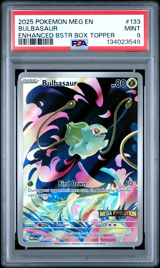 2025 Pokemon Meg En-Mega Evolution #133 Enhanced Bstr Box Topper Bulbasaur PSA 9