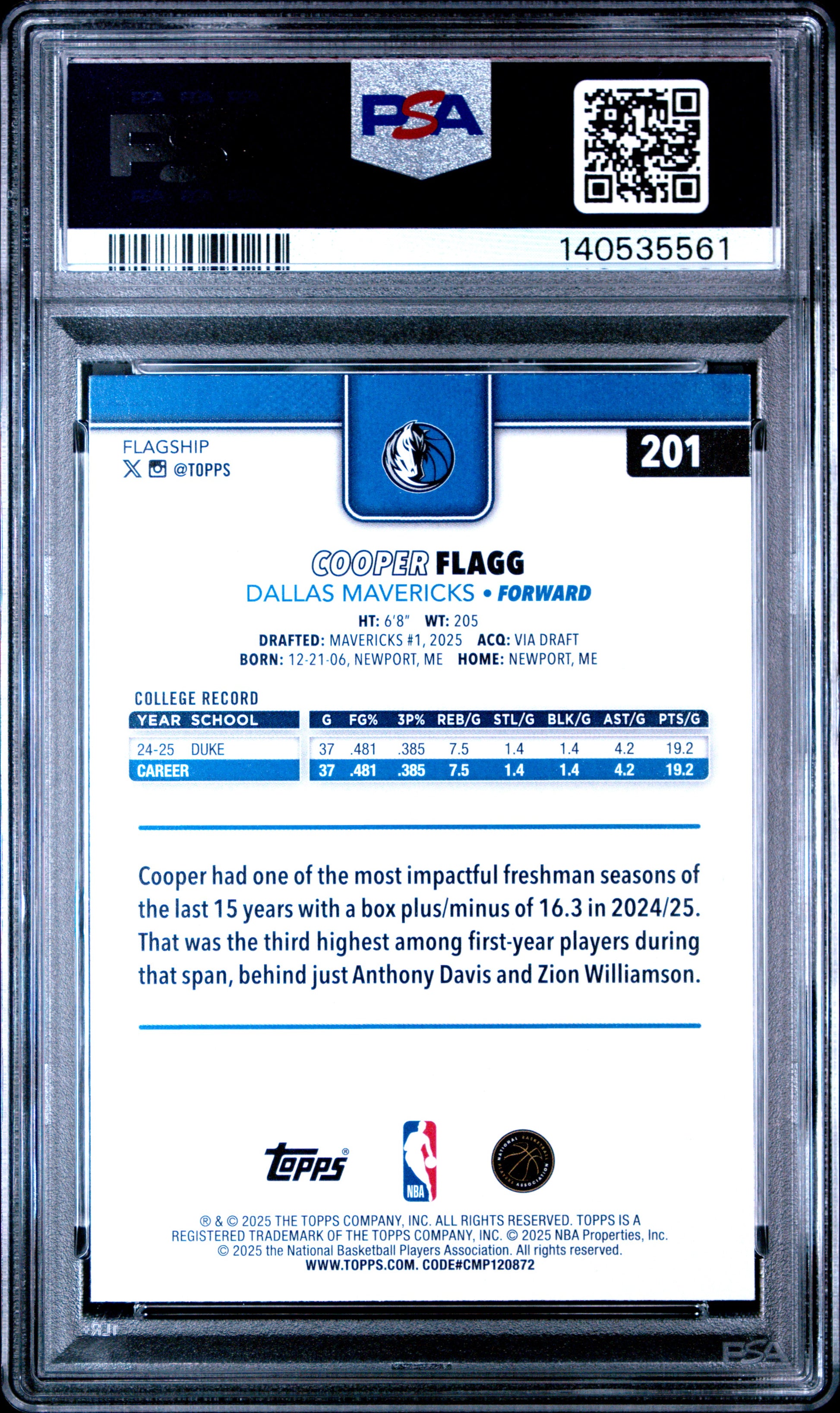 2025 Topps #201 Cooper Flagg RC PSA 9 (5561)
