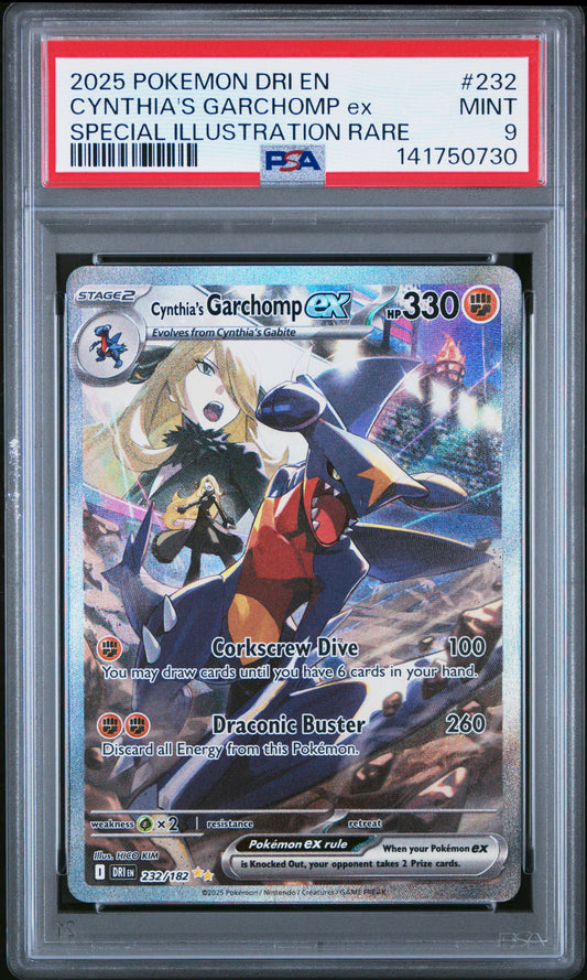 2025 Pokemon Dri En-Destined Rivals #232 S.I.R. Cynthia's Garchomp Ex PSA 9