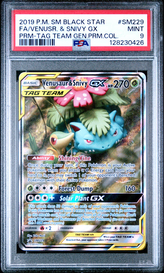 2019 Pokemon Sm #SM229 Tag Team Gen.Prm.Col. Fa/ Venusaur & Snivy Gx PSA 9