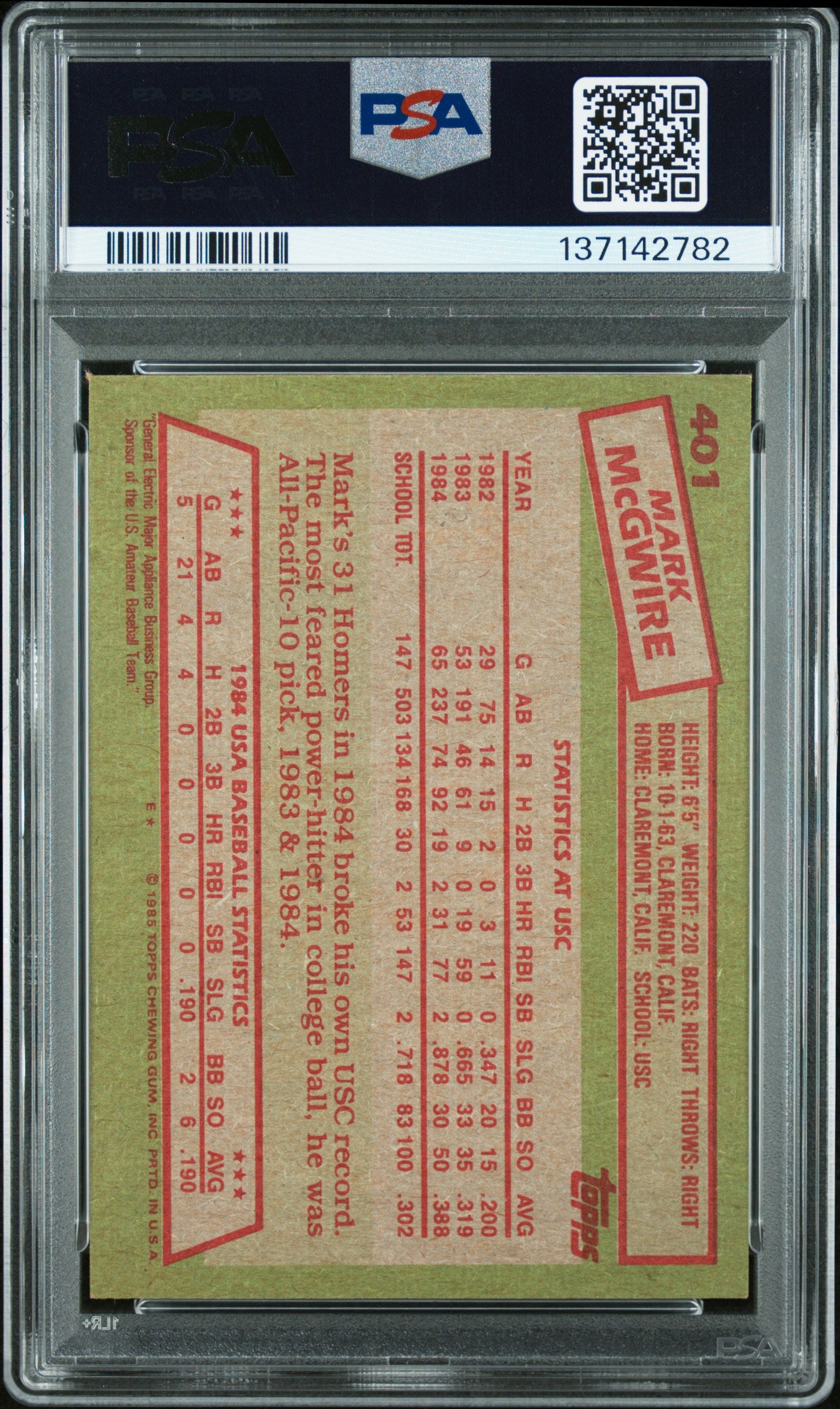 1985 Topps #401 1984 Usa Baseball Team Mark Mcgwire PSA 7