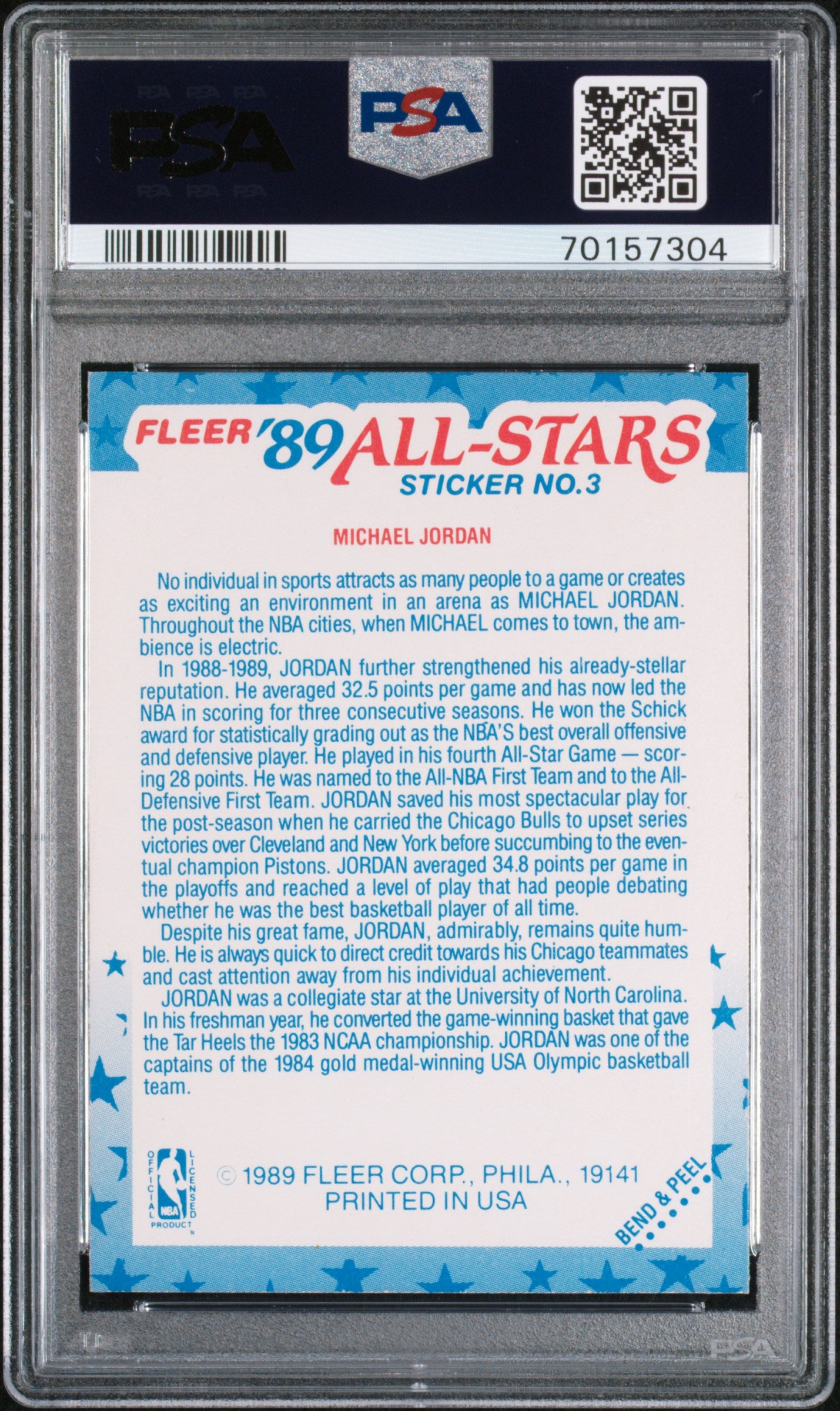 1989 Fleer Sticker #3 Michael Jordan PSA 7 (7304)