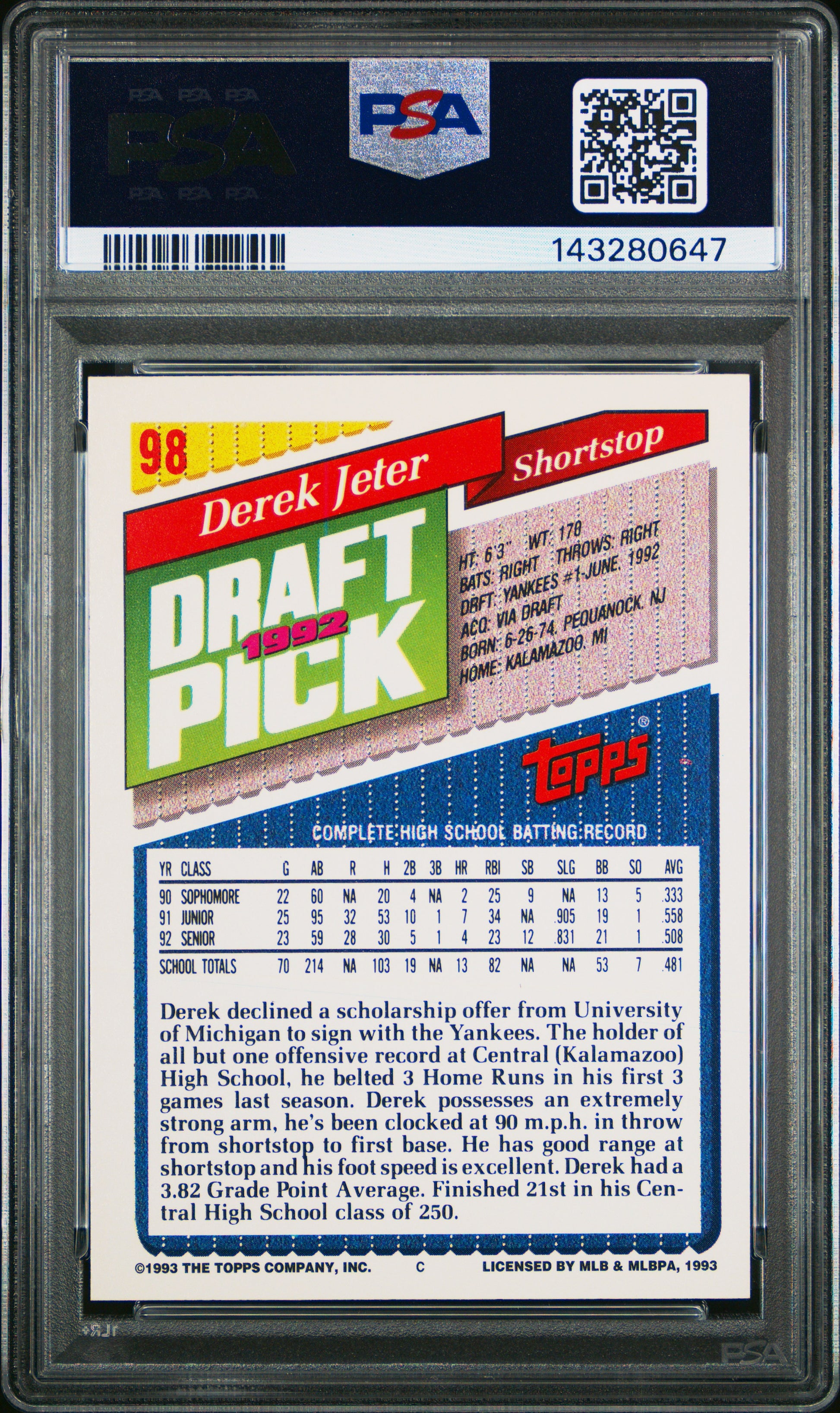 1993 Topps #98 Derek Jeter RC PSA 9