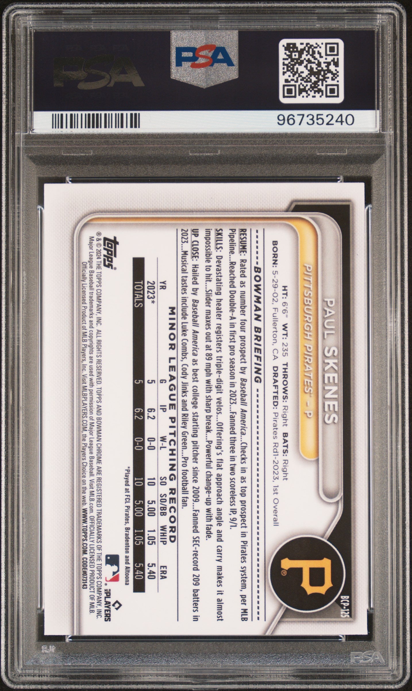 2024 Bowman Sapphire Edition Chrome Prospects #BCP125 Paul Skenes PSA 9