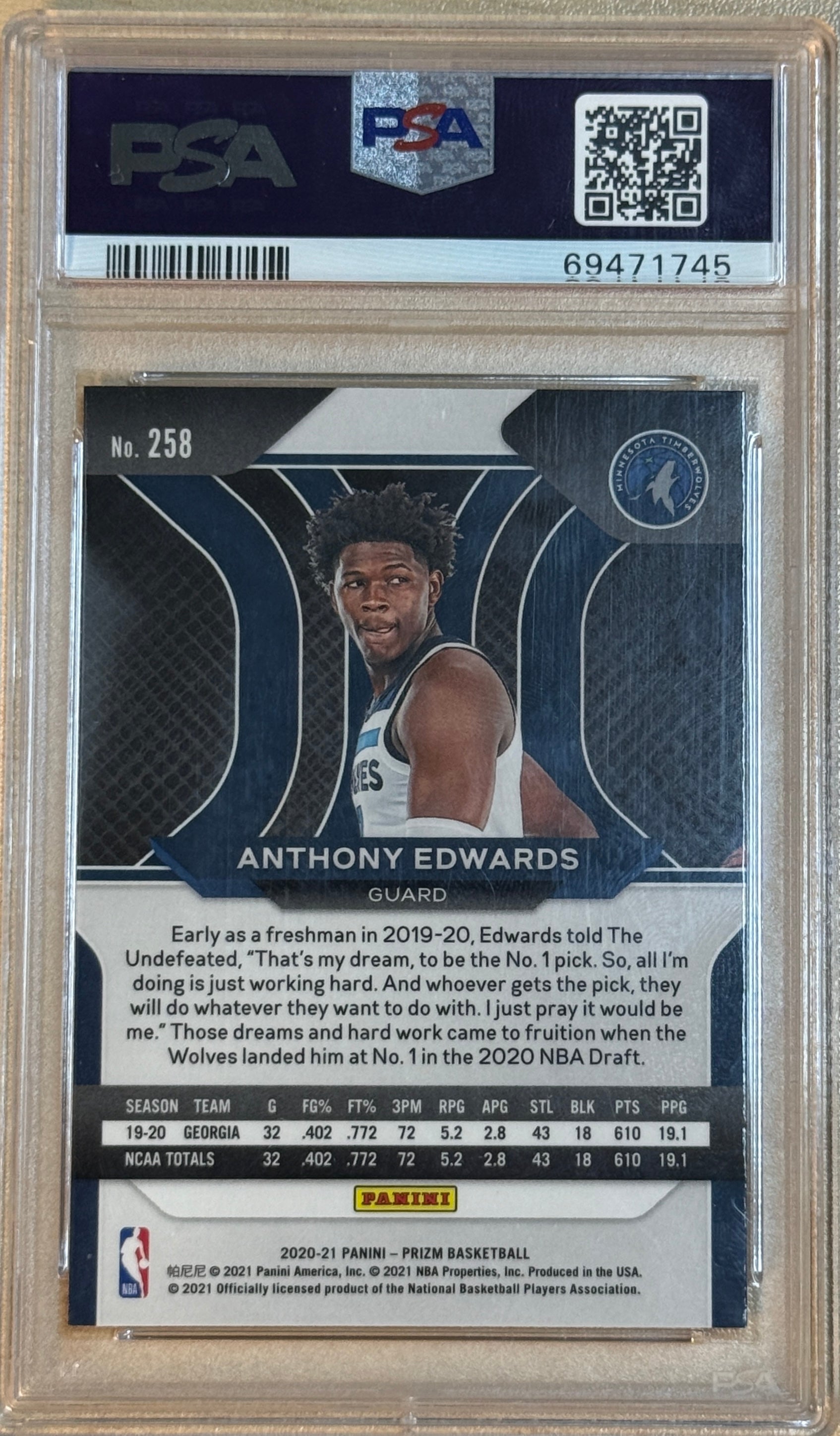 2020 Panini Prizm #258 Anthony Edwards RC PSA 8