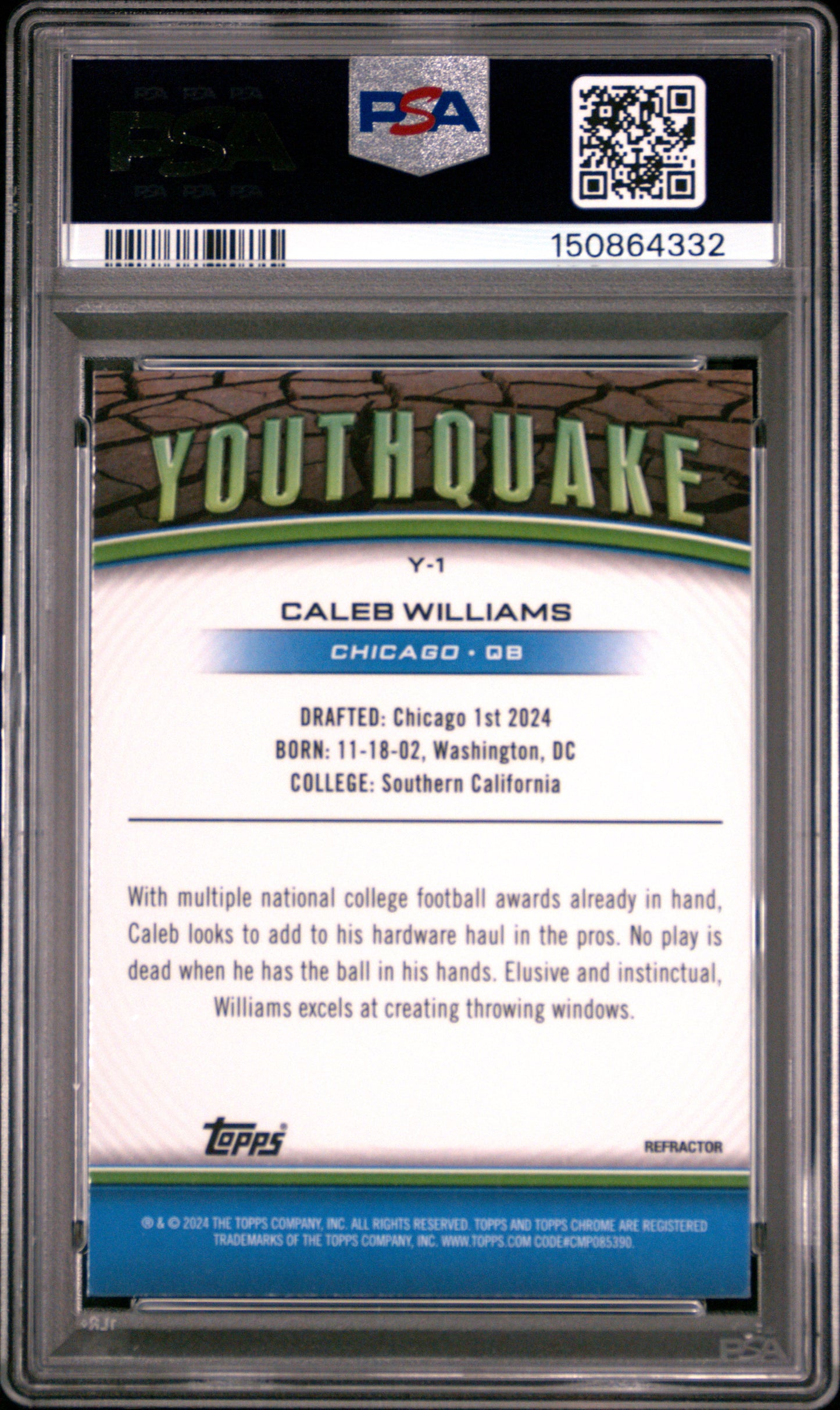 2024 Topps Chrome Youthquake #Y1 Refractor Caleb Williams RC PSA 9