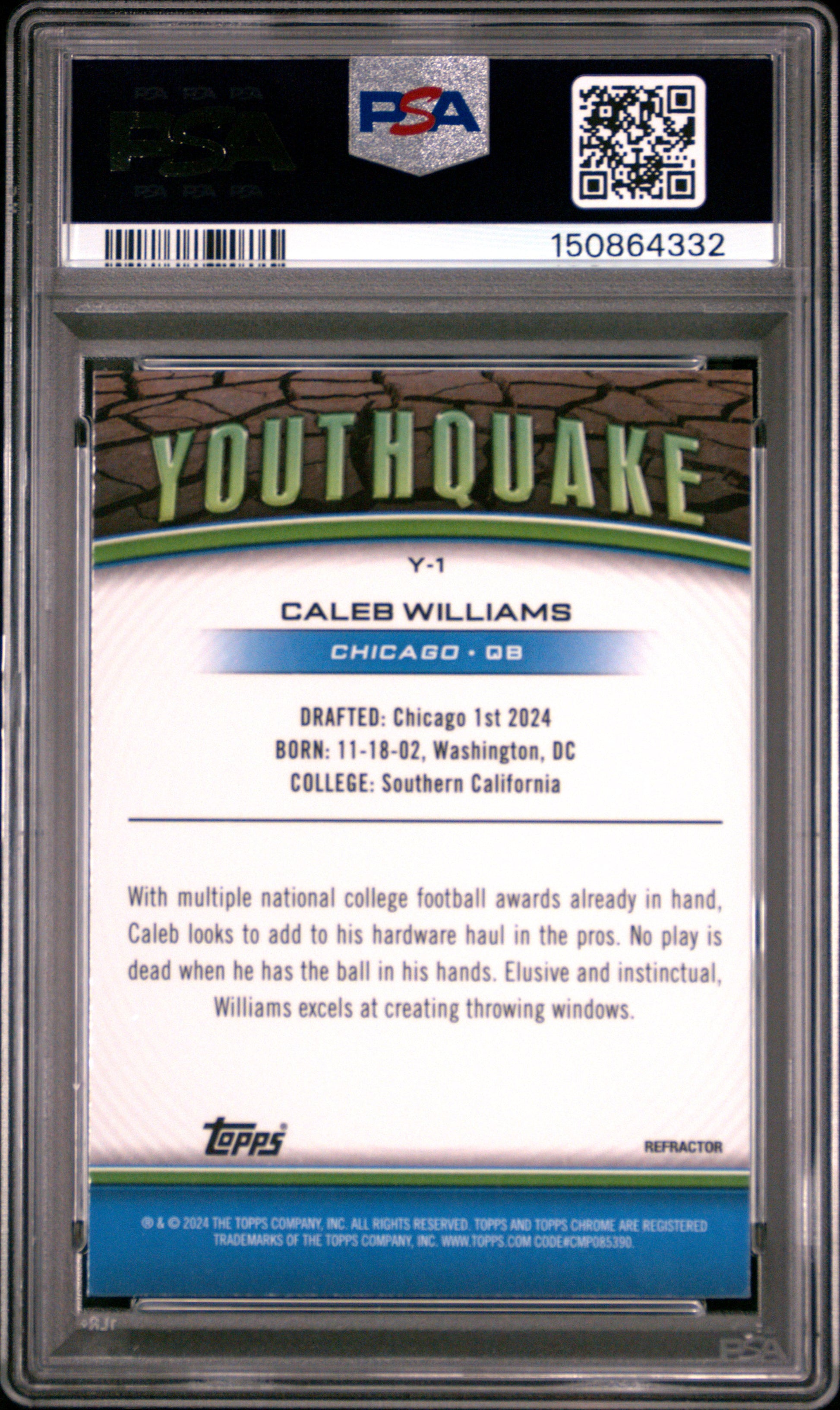 2024 Topps Chrome Youthquake #Y1 Refractor Caleb Williams RC PSA 9
