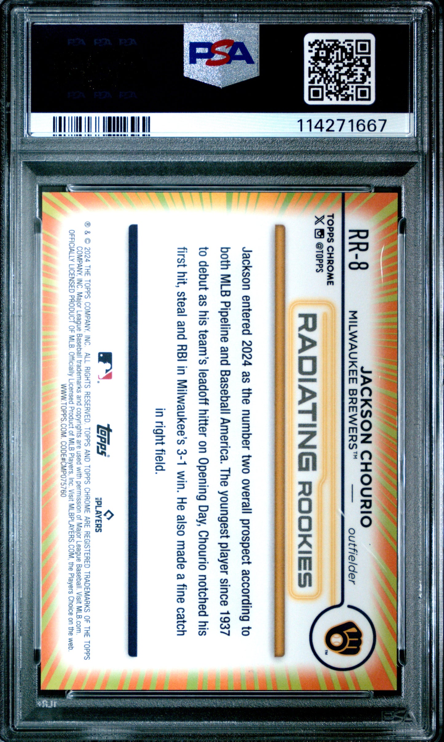 2024 Topps Chrome Radiating Rookies #RR8 Jackson Chourio RC PSA 8
