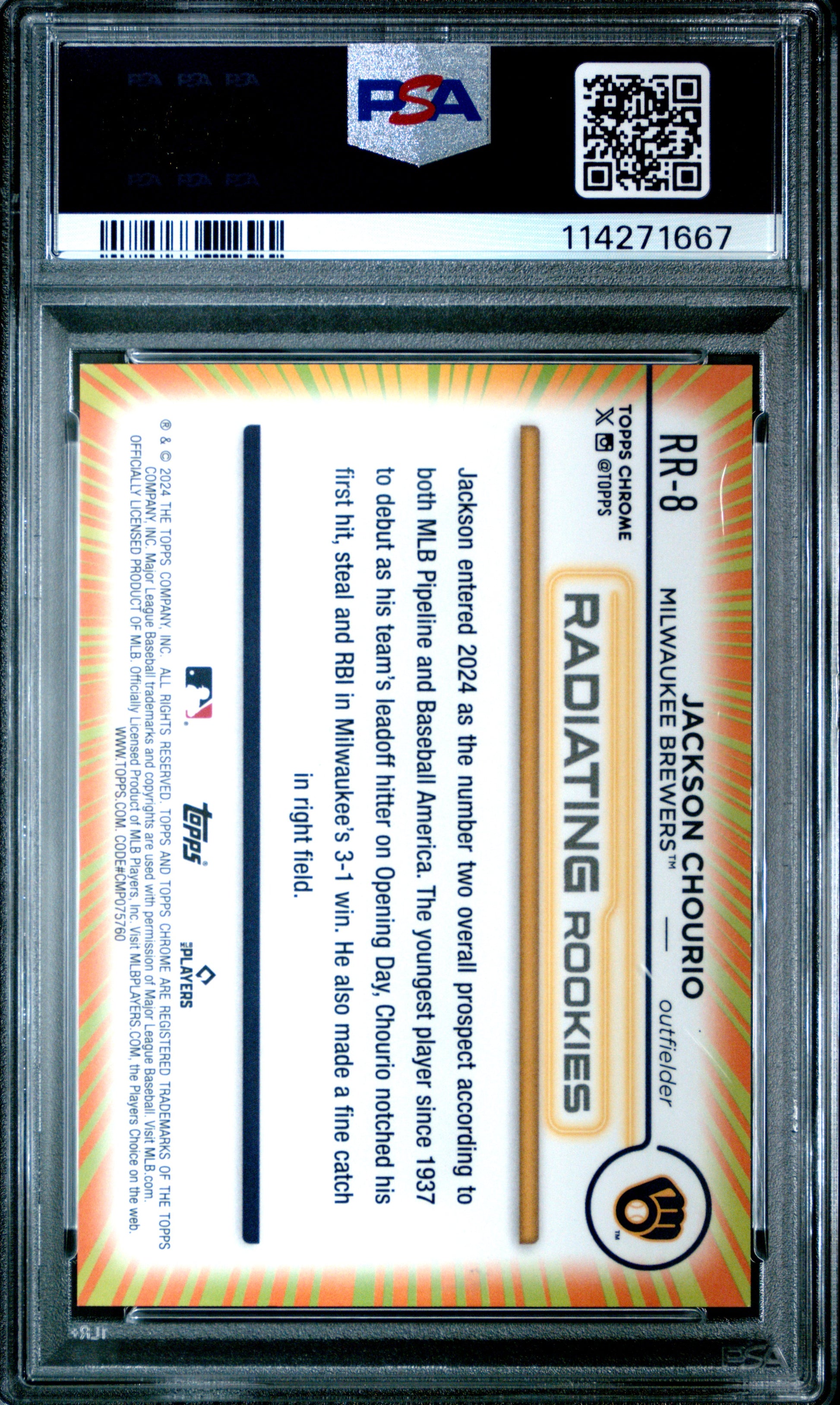 2024 Topps Chrome Radiating Rookies #RR8 Jackson Chourio RC PSA 8