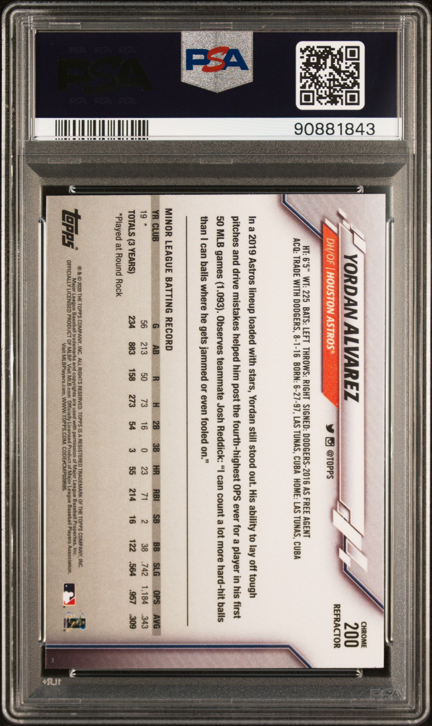 2020 Topps Chrome #200 Sepia Refractor Yordan Alvarez RC PSA 10
