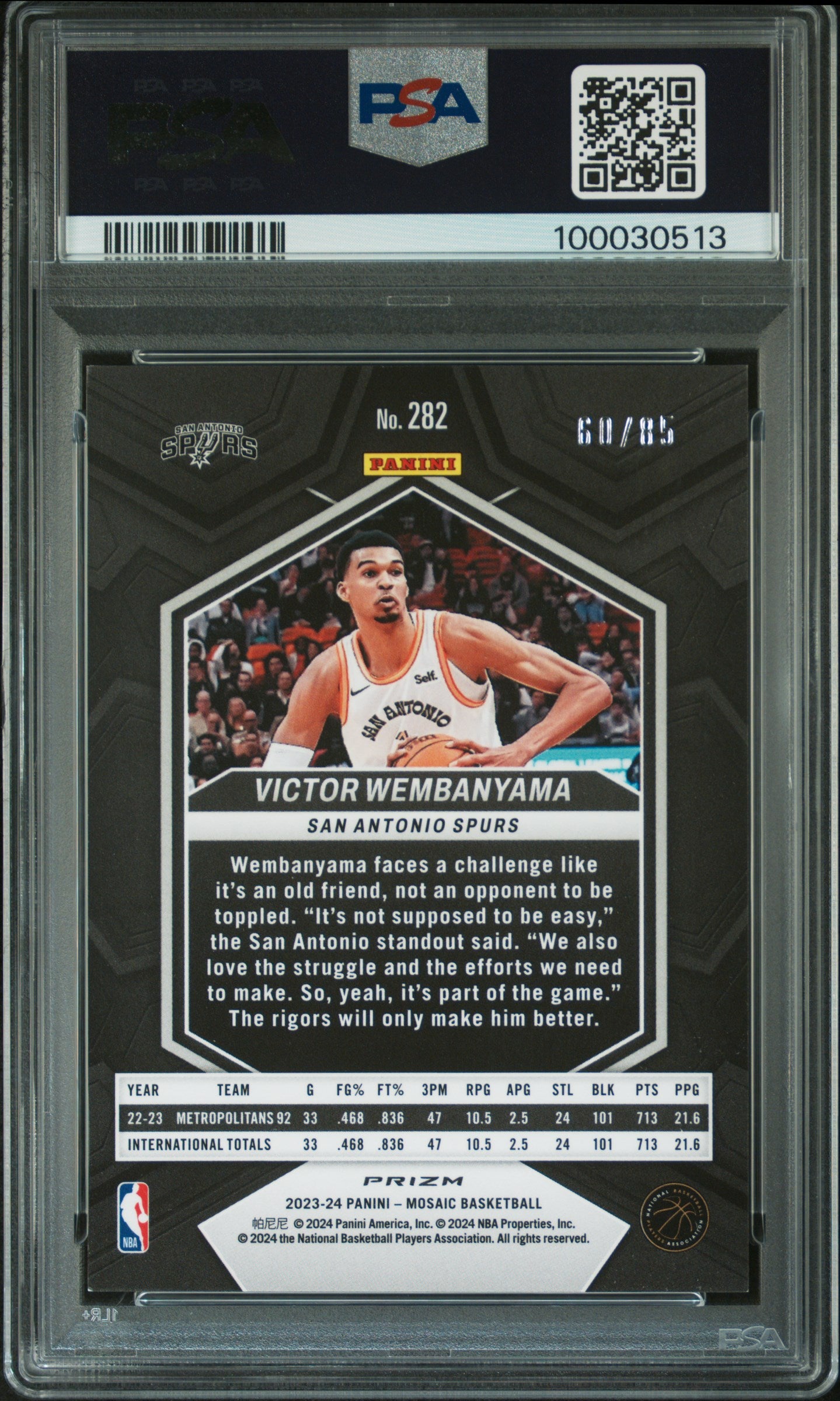 2023 Panini Mosaic #282 Blue Fast Break Victor Wembanyama RC #'d /85 PSA 9