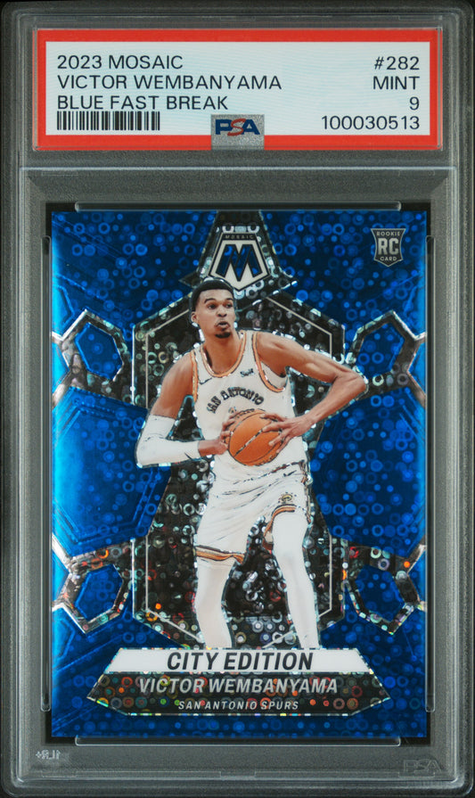 2023 Panini Mosaic #282 Blue Fast Break Victor Wembanyama RC #'d /85 PSA 9