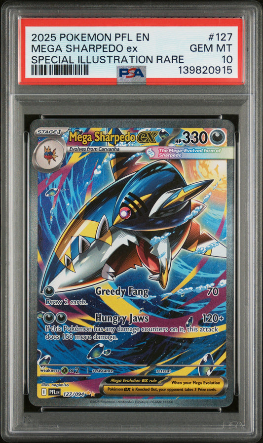 2025 Pokemon Pfl En-Phantasmal Flames #127 S.I.R. Mega Sharpedo Ex PSA 10