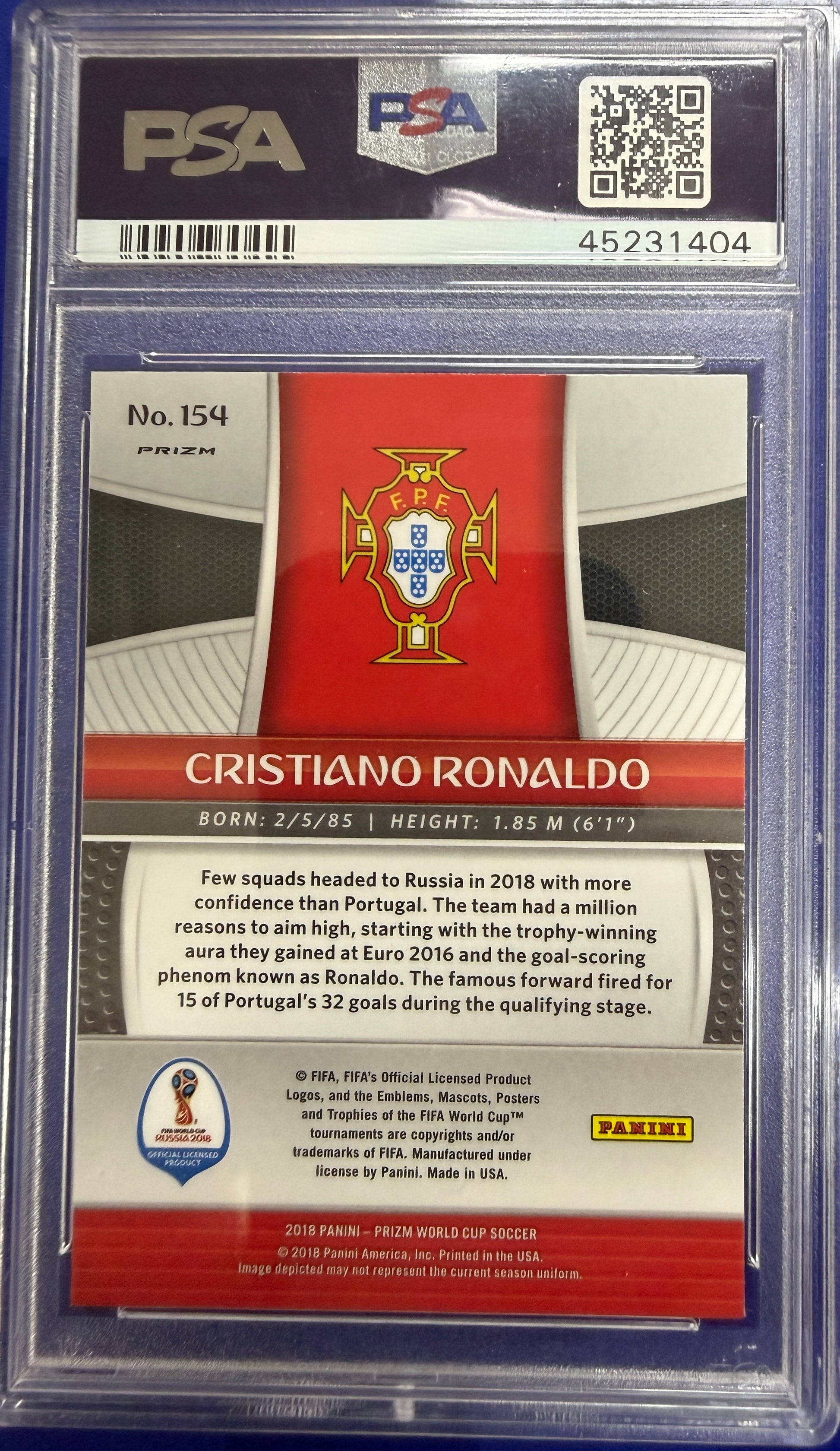 2018 Panini Prizm World Cup #154 Silver Prizm Cristiano Ronaldo PSA 10
