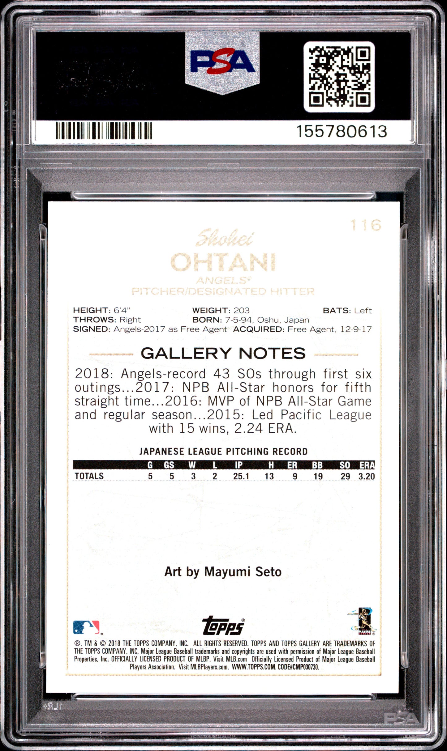 2018 Topps Gallery #116 Shohei Ohtani RC PSA 10