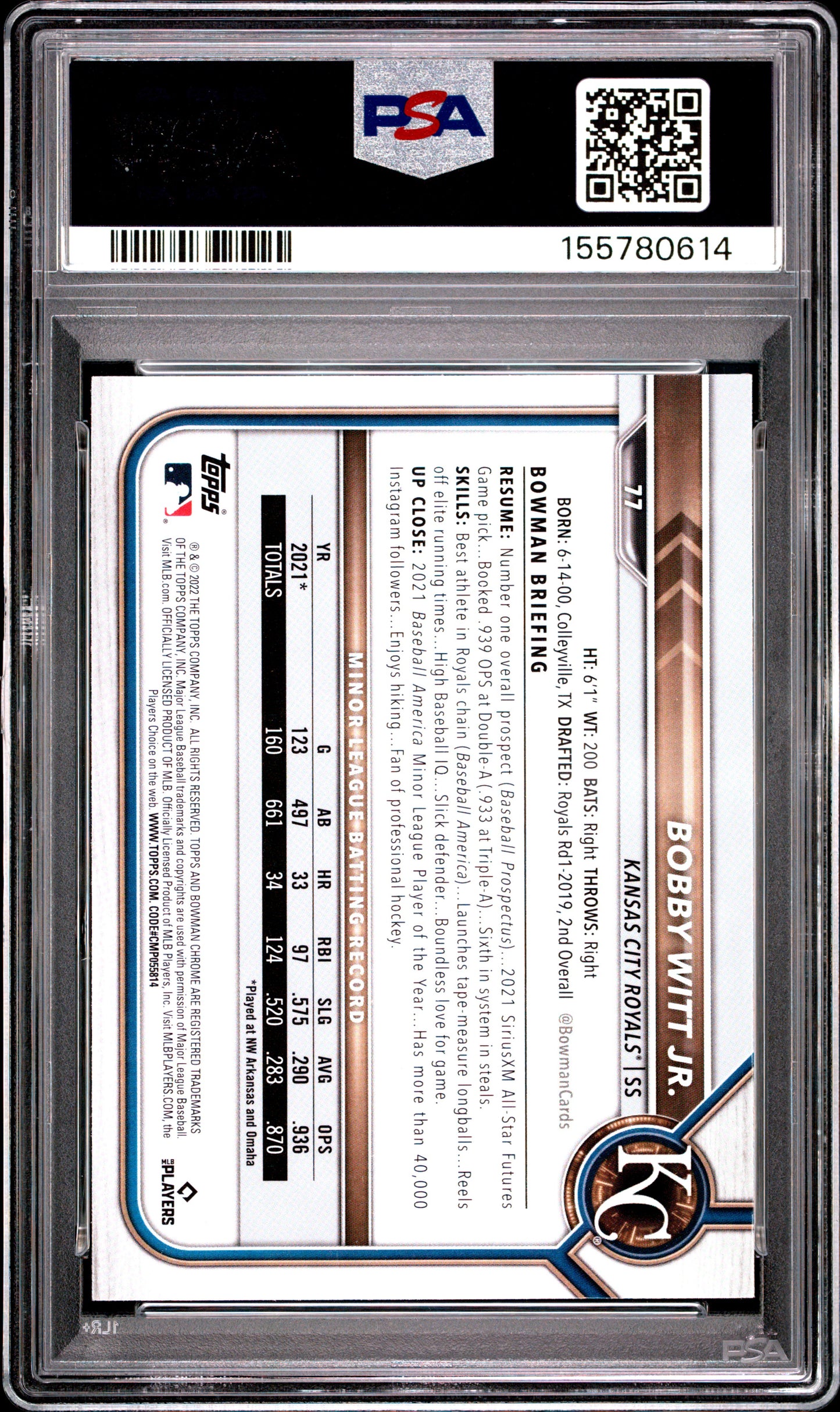 2022 Bowman Chrome #77 Bobby Witt Jr. RC PSA 9