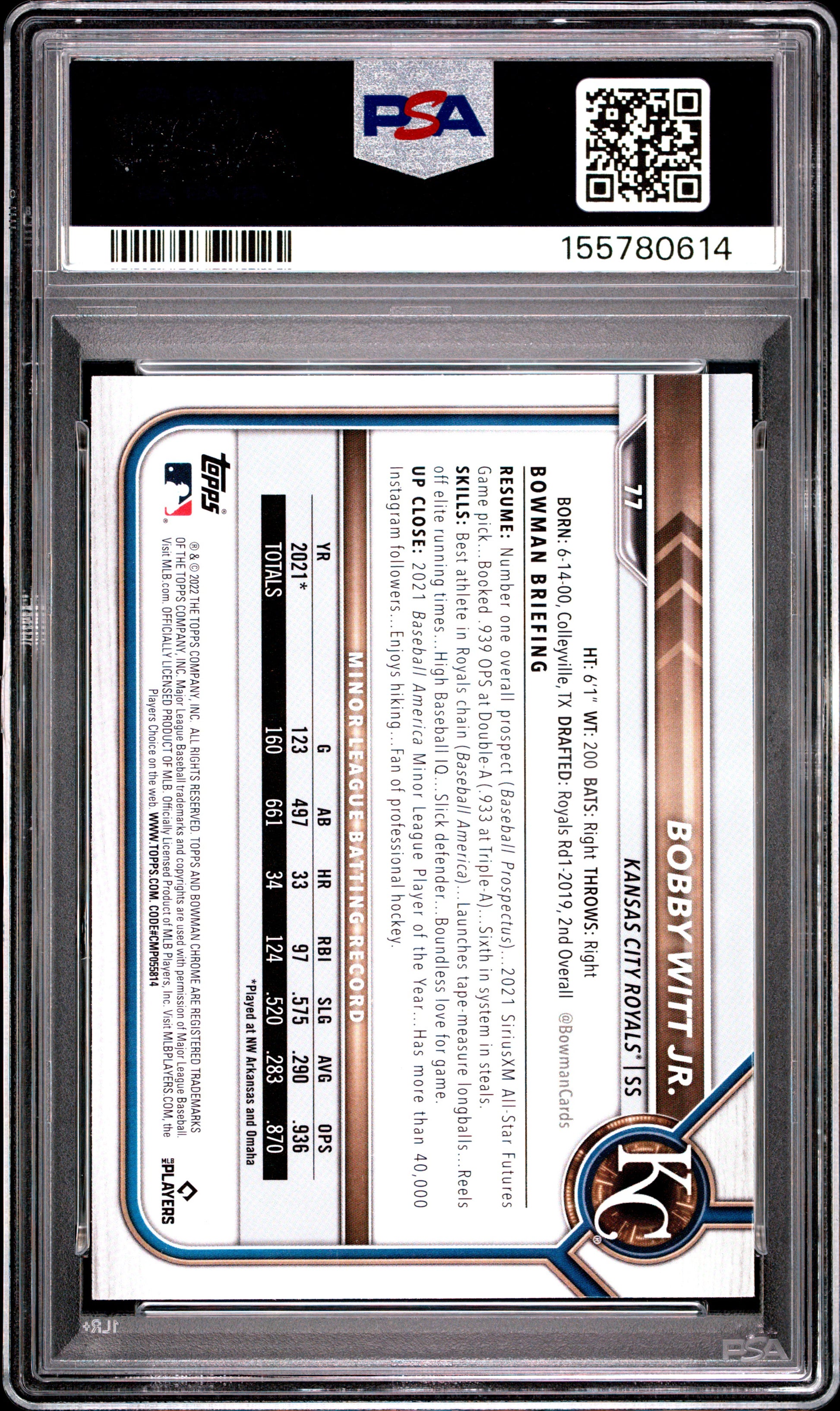 2022 Bowman Chrome #77 Bobby Witt Jr. RC PSA 9