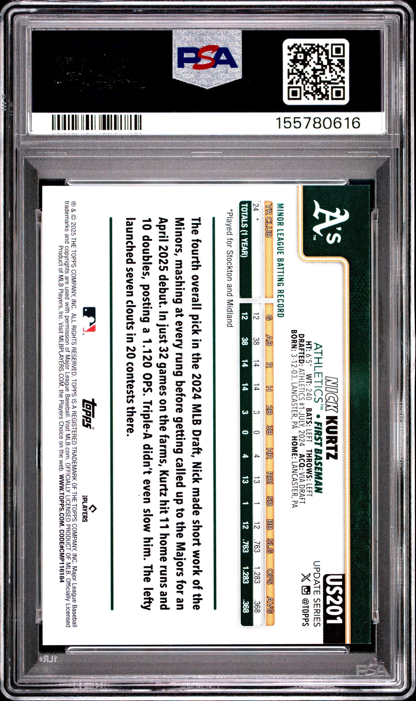 2025 Topps Update #201 Nick Kurtz RC PSA 9 (0616)