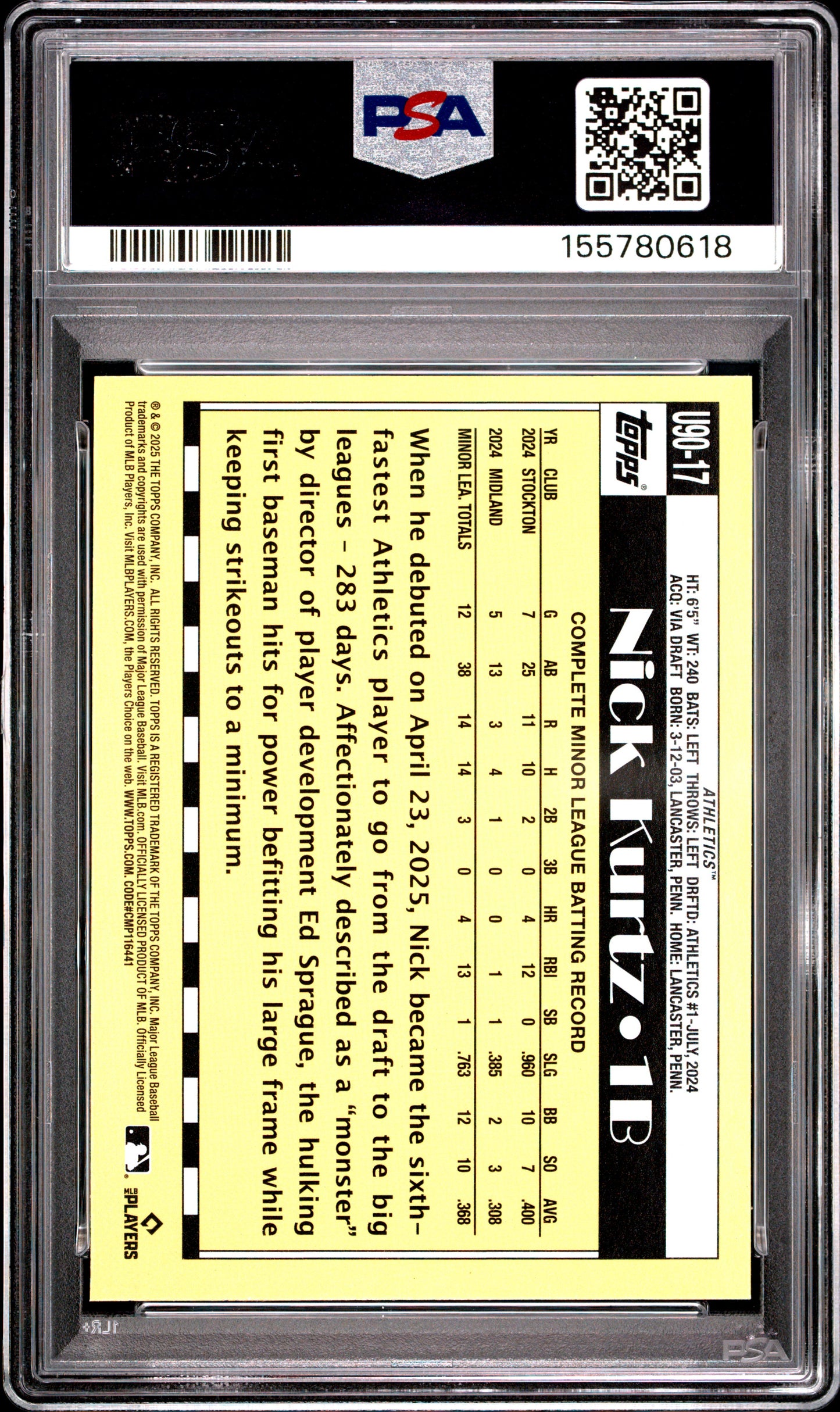 2025 Topps Update 1990 Topps Baseball #17 Nick Kurtz RC PSA 9