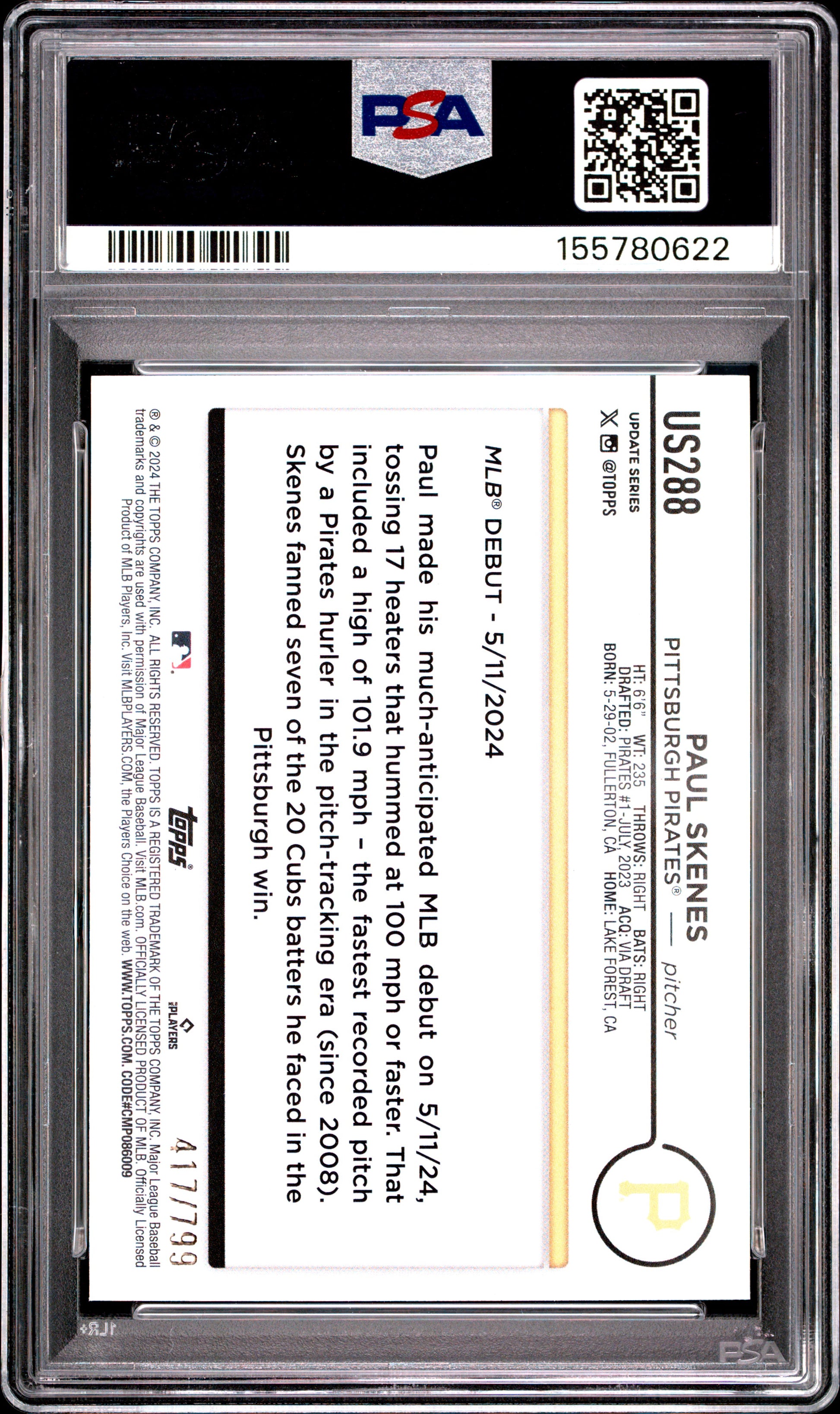 2024 Topps Update #US288 Purple Holo Foilboard Paul Skenes RC #'d /799 PSA 10