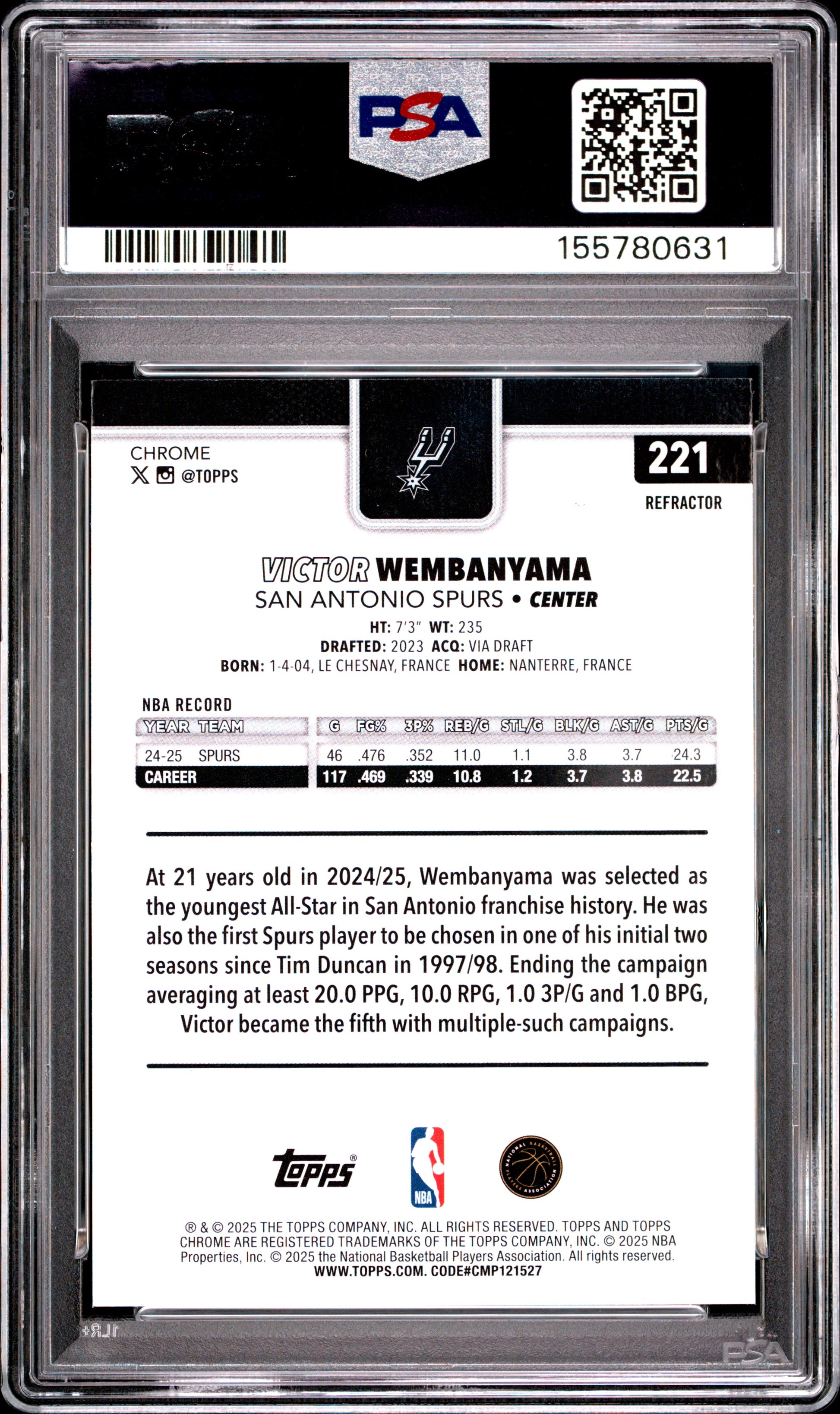 2025 Topps Chrome #221 Refractor Victor Wembanyama PSA 10