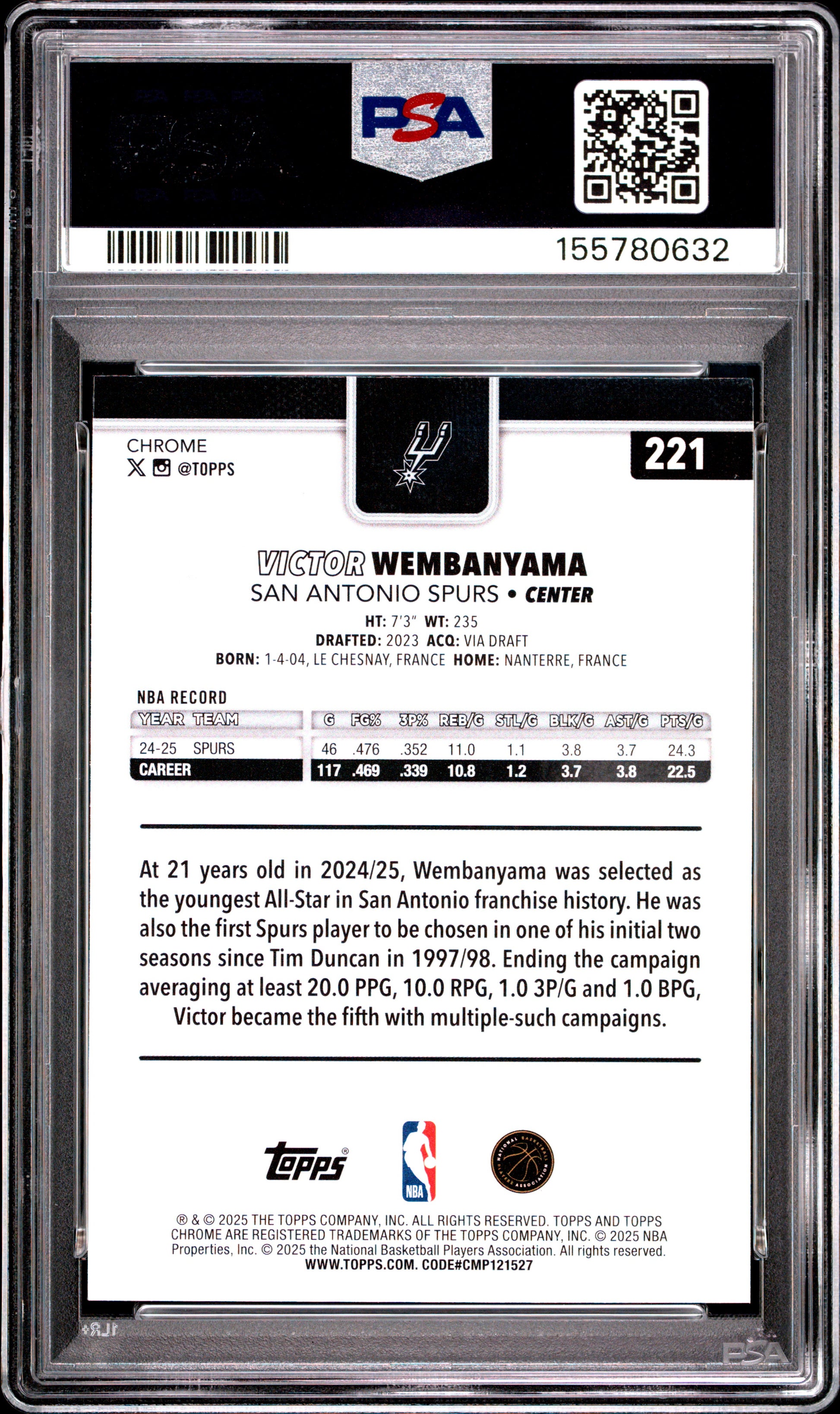 2025 Topps Chrome #221 X-Fractor Victor Wembanyama PSA 10