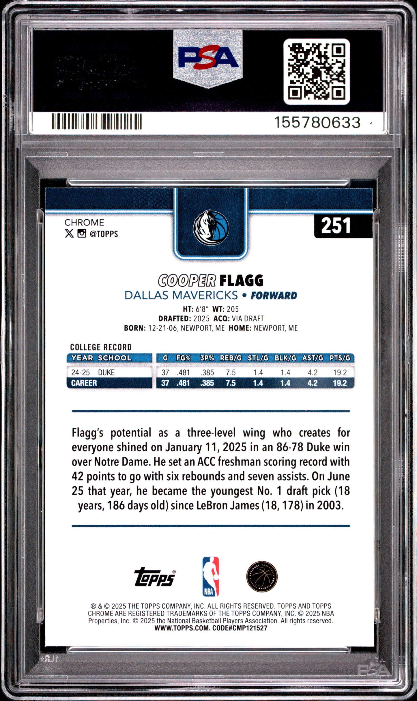 2025 Topps Chrome #251 Cooper Flagg RC PSA 9