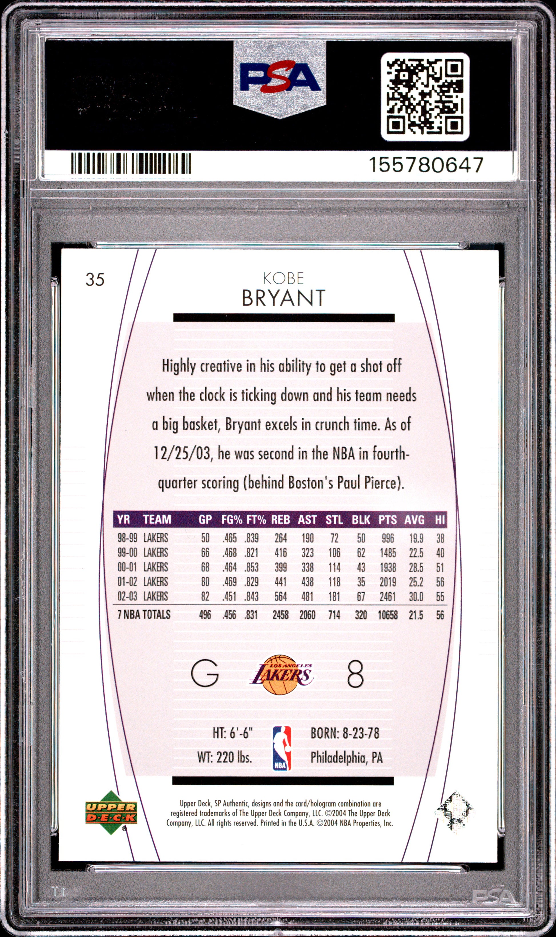 2003 Sp Authentic #35 Kobe Bryant PSA 8