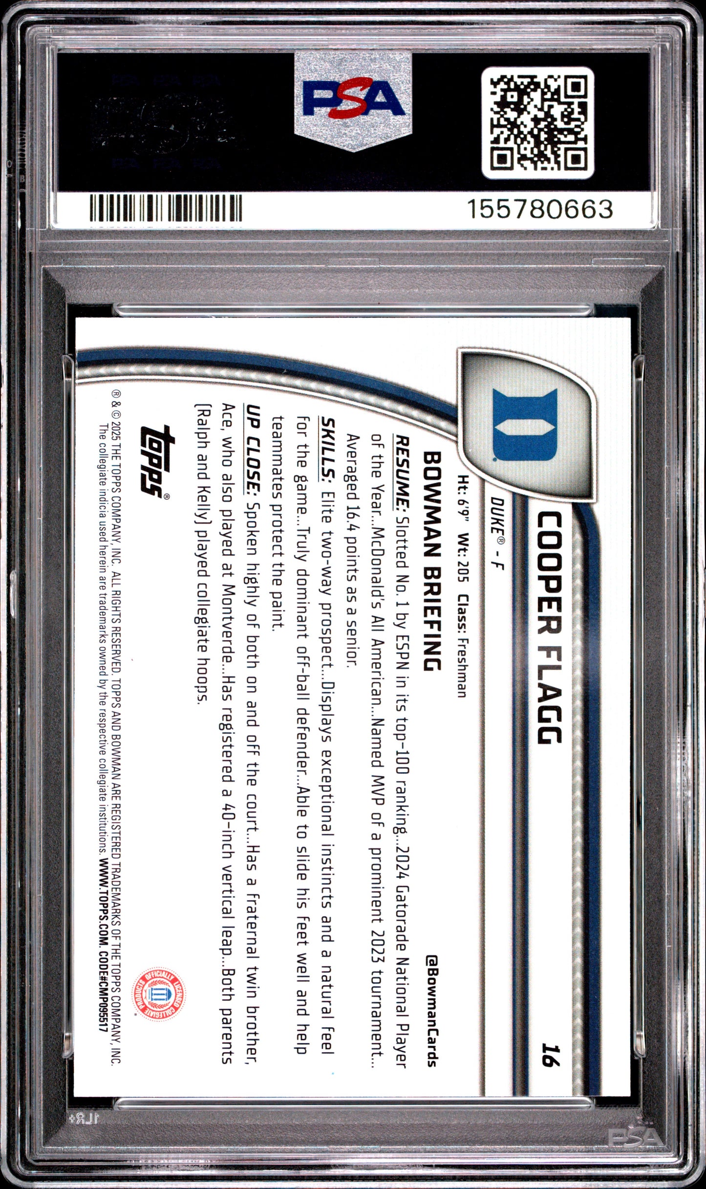 2024 Bowman Chrome University #16 Cooper Flagg PSA 10