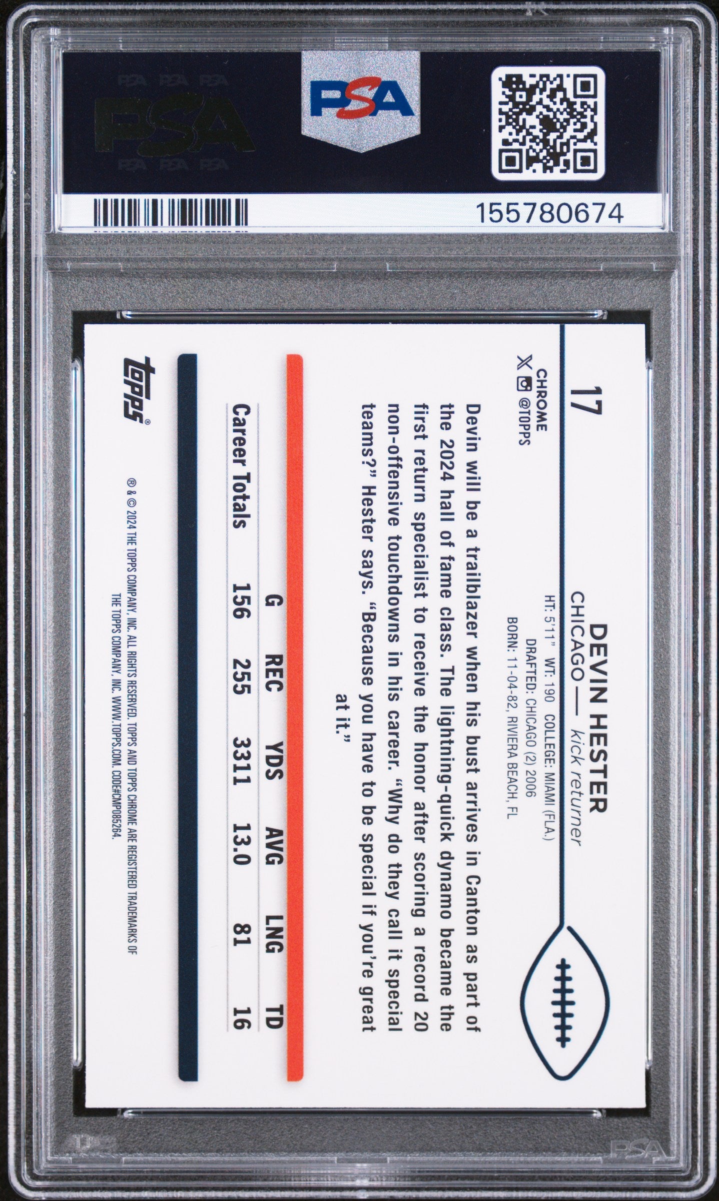 2024 Topps Chrome #17 Yellow Wave Devin Hester #'d /75 PSA 10
