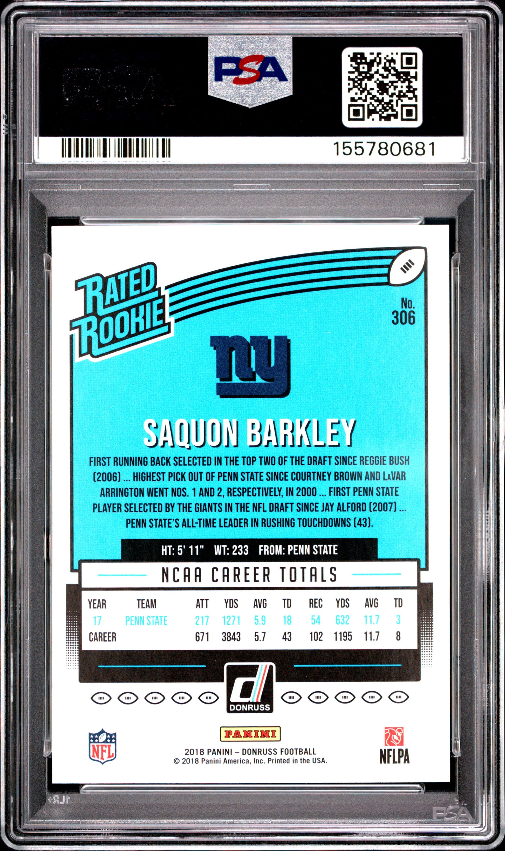 2018 Panini Donruss #306 Saquon Barkley RC PSA 9